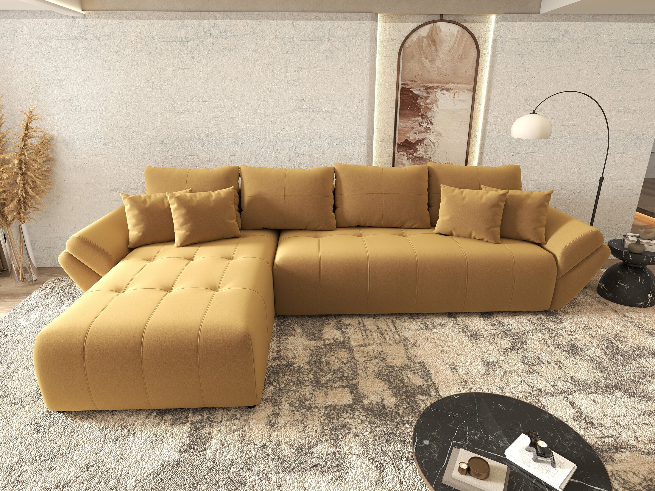 Colțar extensibil dumonde cu ladă de depozitare si sezut confortabil din spuma HR, Berlin XL Royal Mustar 350x185 cm