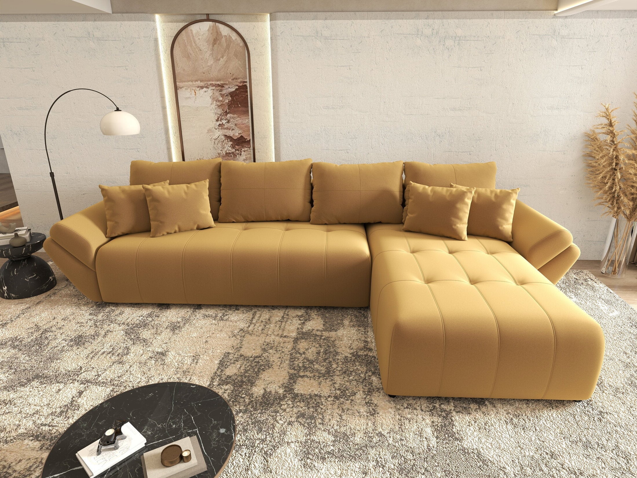 Colțar extensibil dumonde cu ladă de depozitare si sezut confortabil din spuma HR, Berlin XL Royal Mustar 350x185 cm II