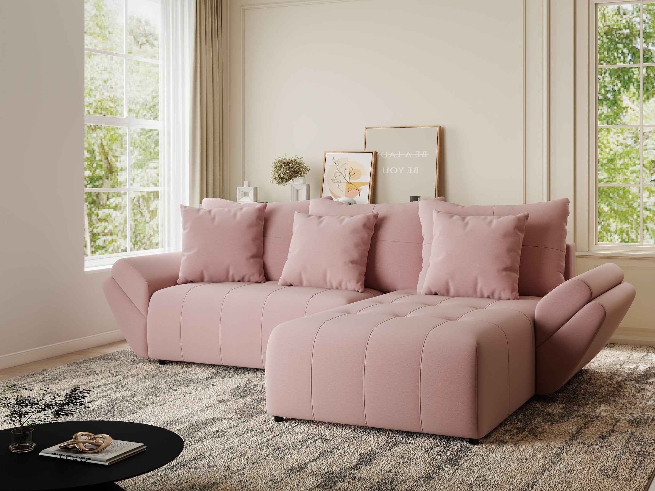 Colțar extensibil dumonde cu ladă de depozitare si sezut confortabil din spuma HR, Berlin Royal Roz 280x185 cm II