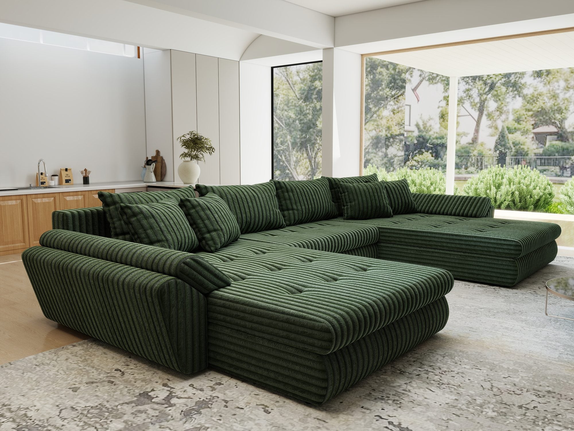 Colțar extensibil dumonde cu ladă de depozitare si sezut confortabil din spuma high-density, Loana U Tilia Verde 39 355x185 cm