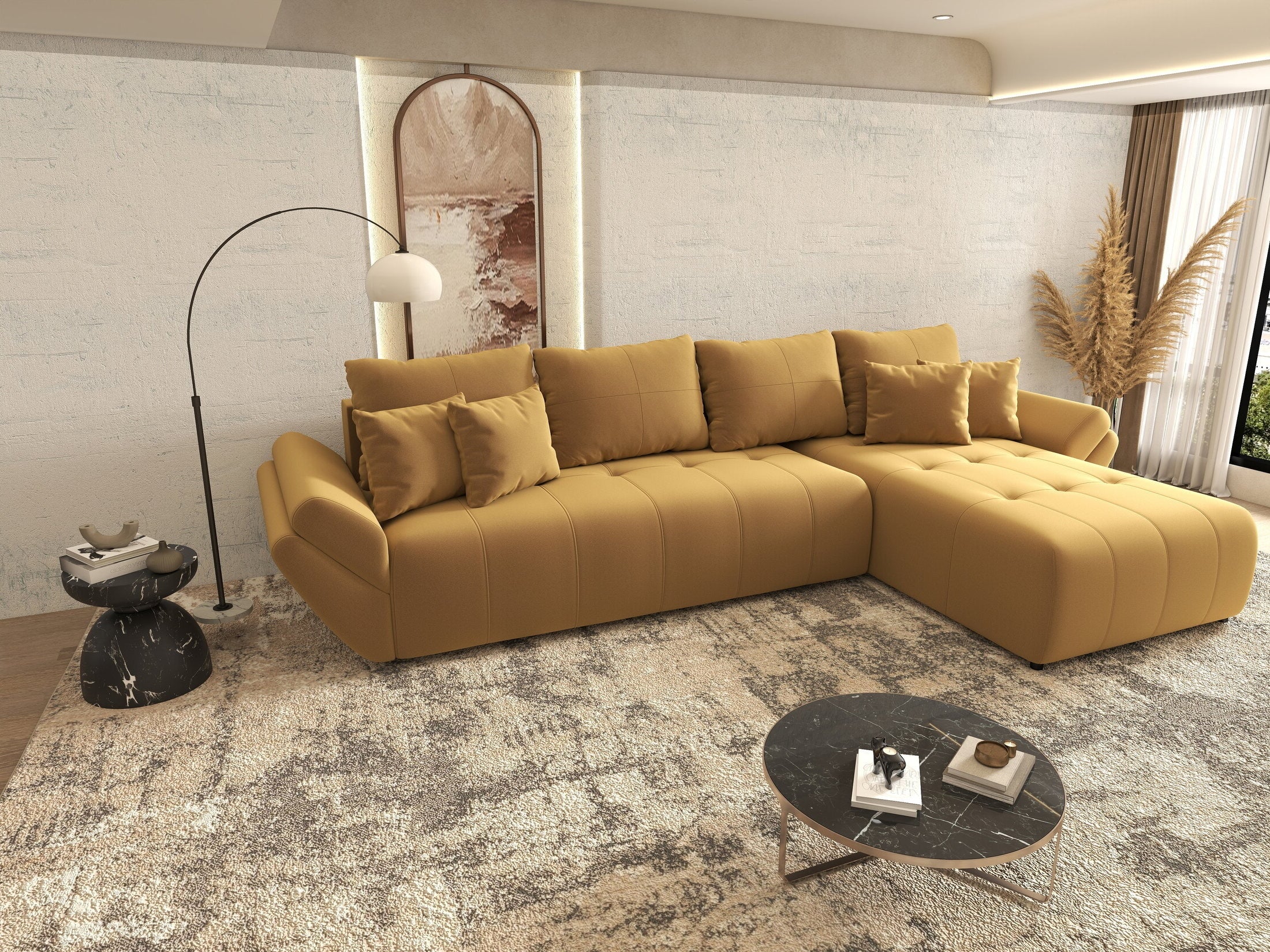 Colțar extensibil dumonde cu ladă de depozitare si sezut confortabil din spuma HR, Berlin XL Royal Mustar 350x185 cm II