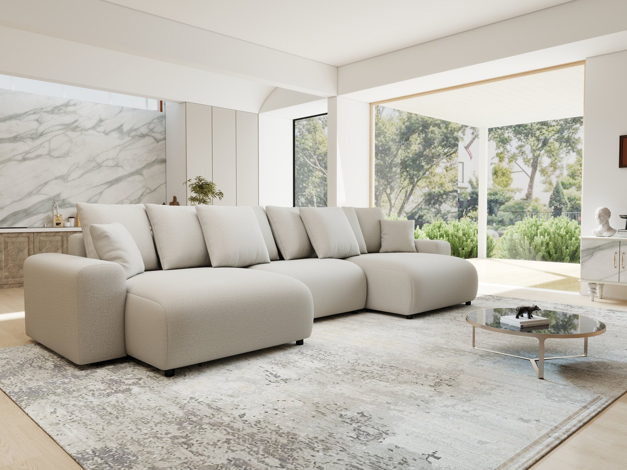 Colțar extensibil dumonde cu ladă de depozitare si sezut confortabil din spuma HR, Luma U Enjoy Bej 336x140 cm