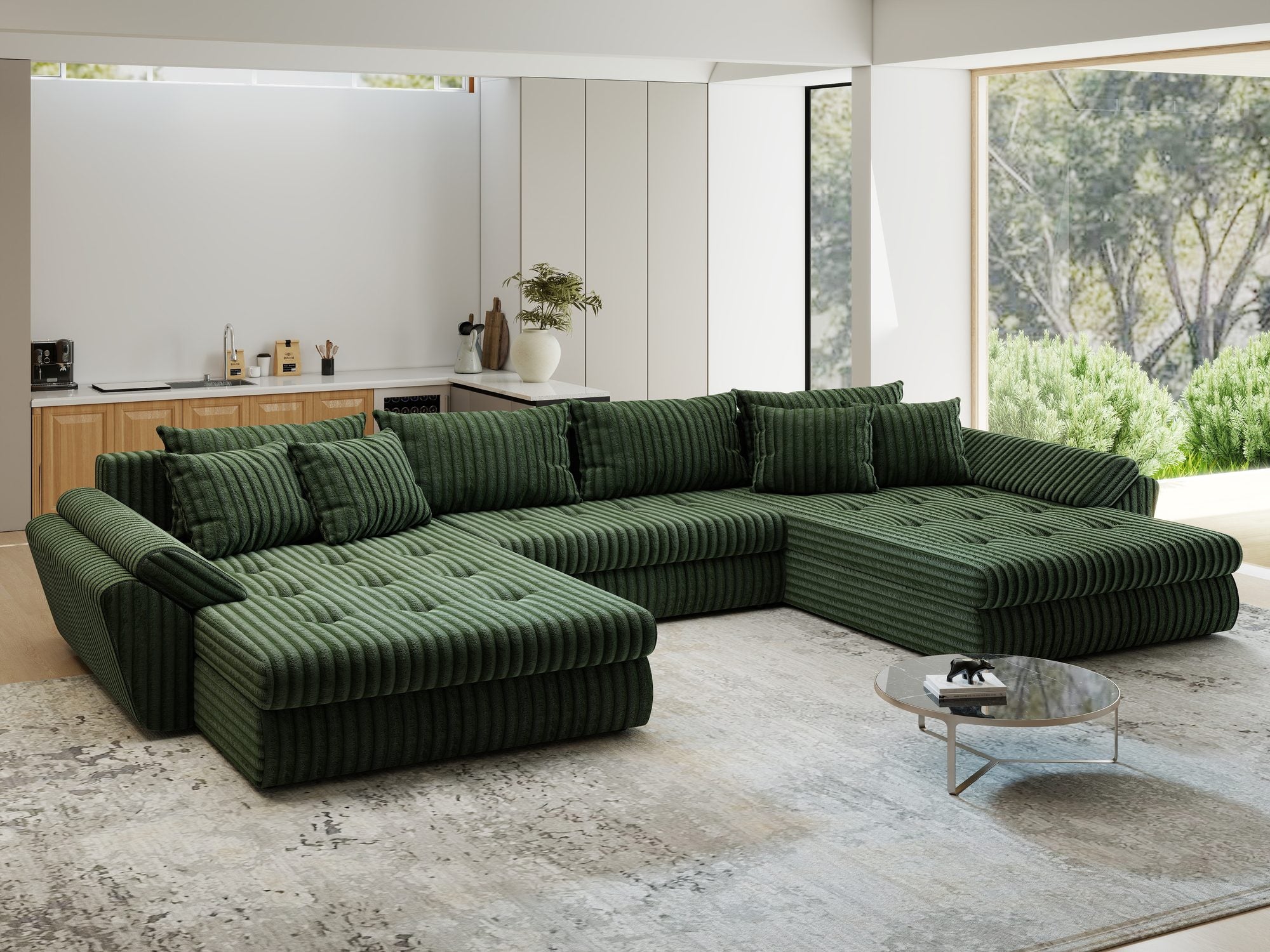 Colțar extensibil dumonde cu ladă de depozitare si sezut confortabil din spuma high-density, Loana U Tilia Verde 39 355x185 cm