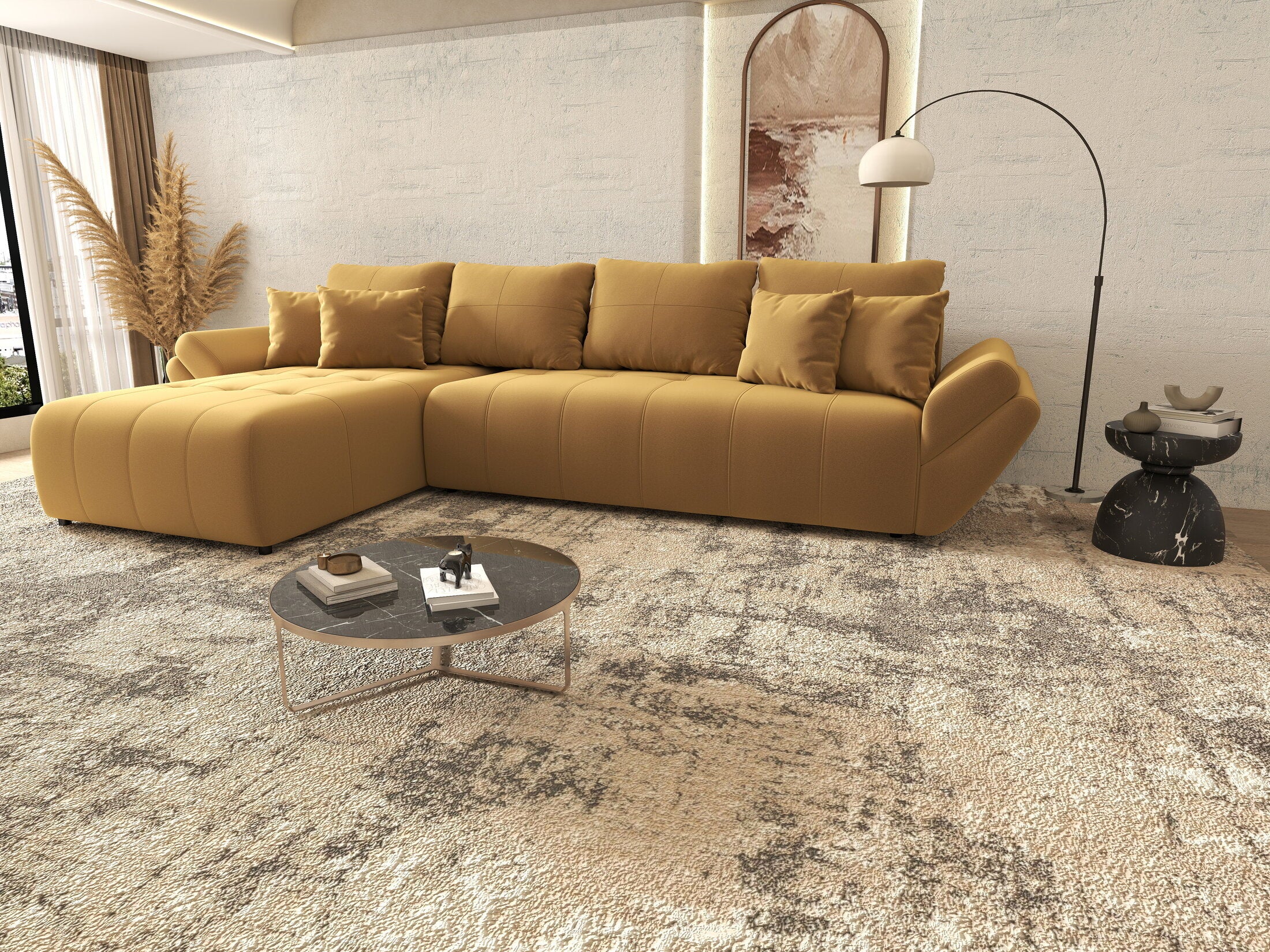 Colțar extensibil dumonde cu ladă de depozitare si sezut confortabil din spuma HR, Berlin XL Royal Mustar 350x185 cm