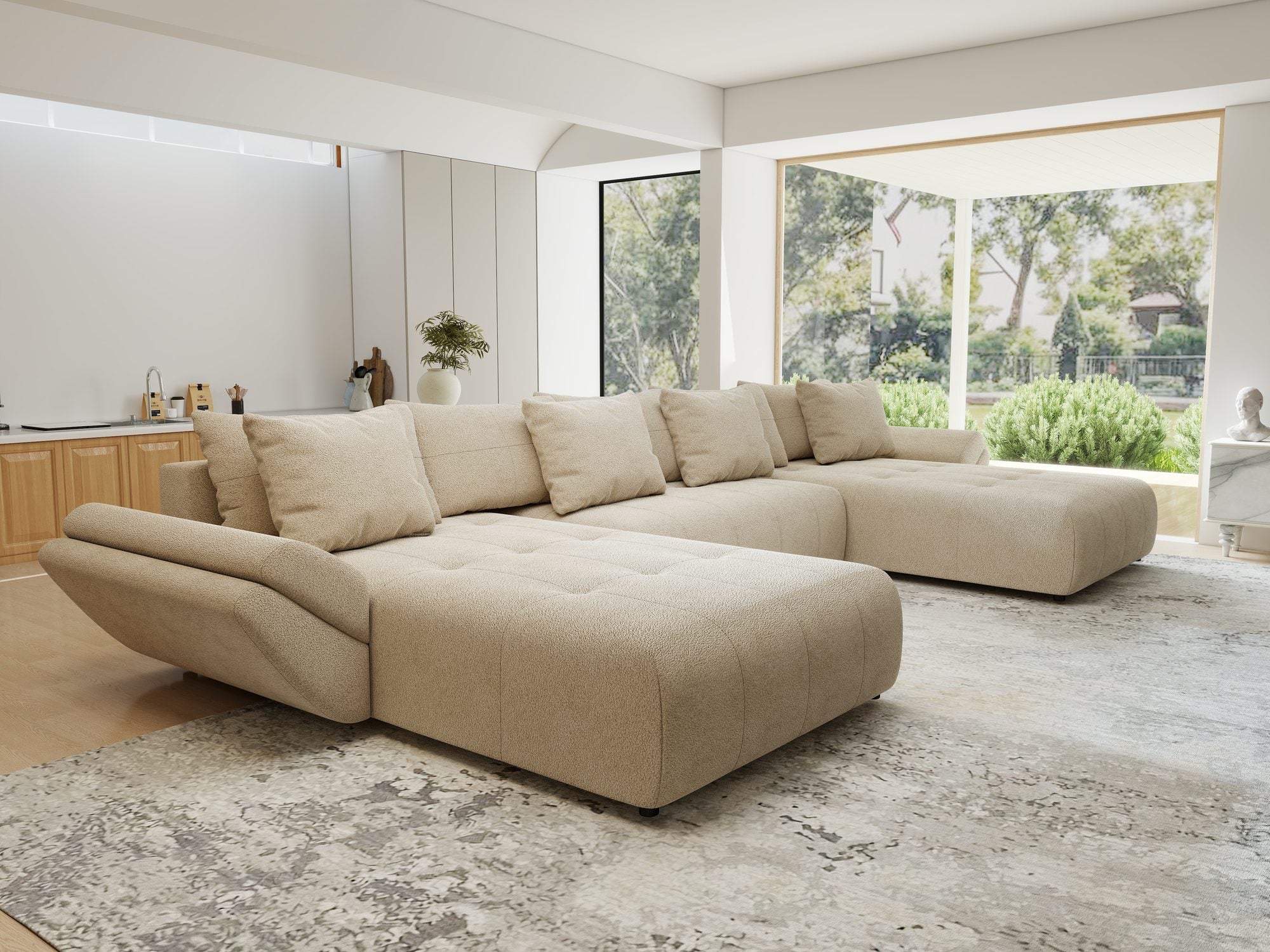 Colțar extensibil dumonde cu ladă de depozitare si sezut confortabil din spuma high-density, Berlin U Quelle Bej 05 380x180 cm