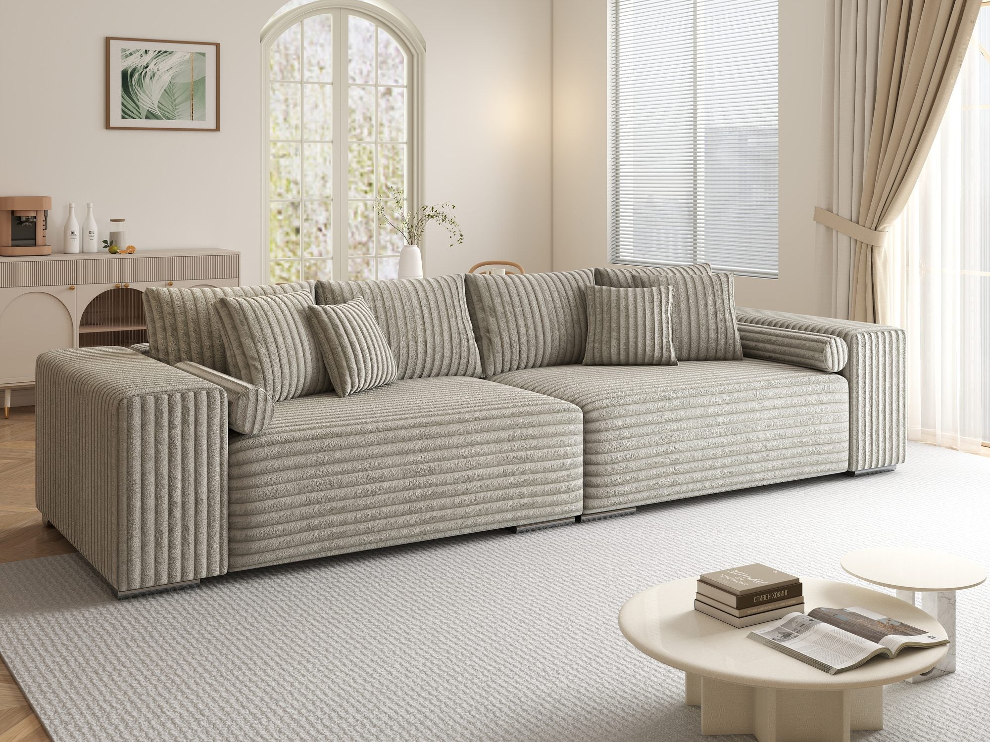 Canapea extensibilă dumonde cu ladă de depozitare si sezut confortabil din spuma high-density, Marbela XXL Tilia Gri- Bej 11 290x100 cm