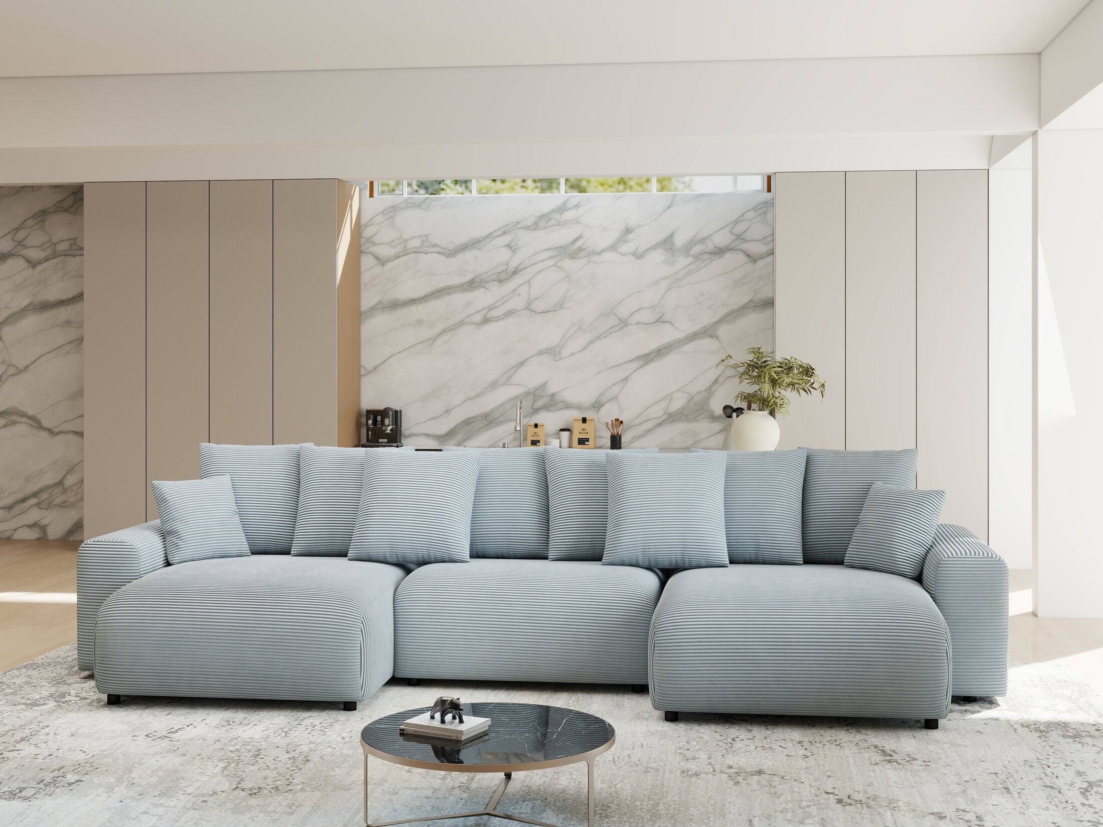 Colțar extensibil dumonde cu ladă de depozitare si sezut confortabil din spuma HR, Luma U Zoom Gri Mint 336x140 cm