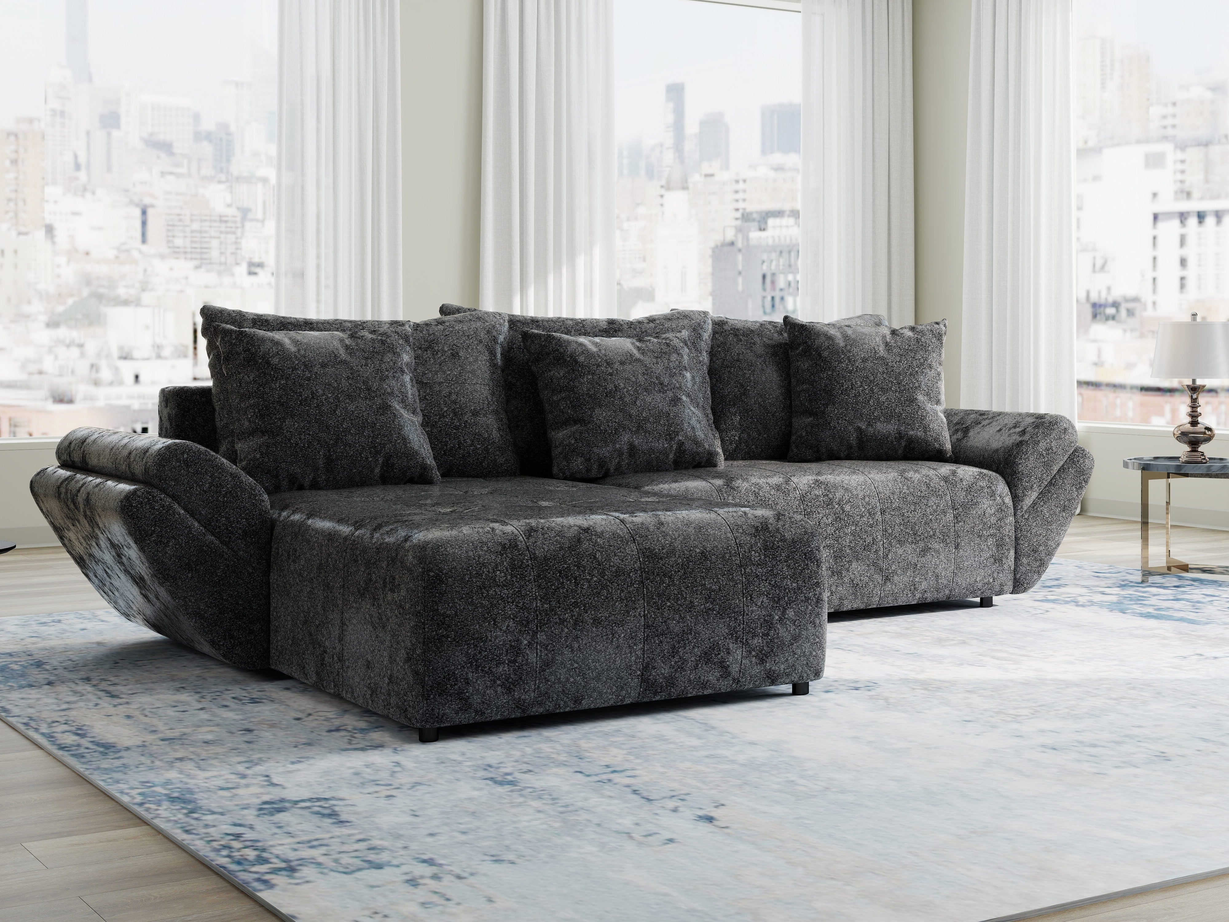 Colțar extensibil dumonde cu ladă de depozitare si sezut confortabil din spuma HR, Berlin Euphoria Negru 280x185 cm