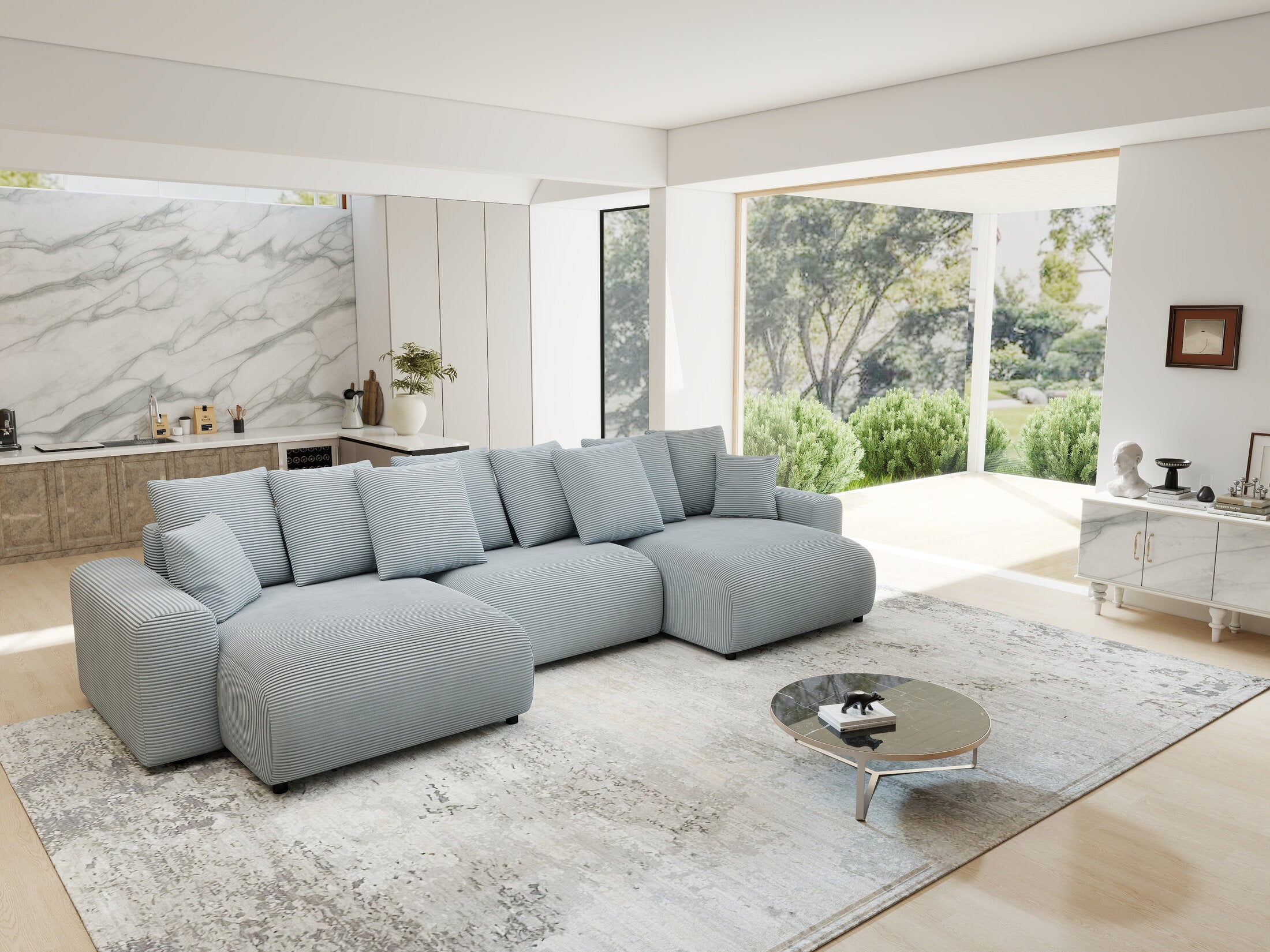 Colțar extensibil dumonde cu ladă de depozitare si sezut confortabil din spuma HR, Luma U Zoom Gri Mint 336x140 cm