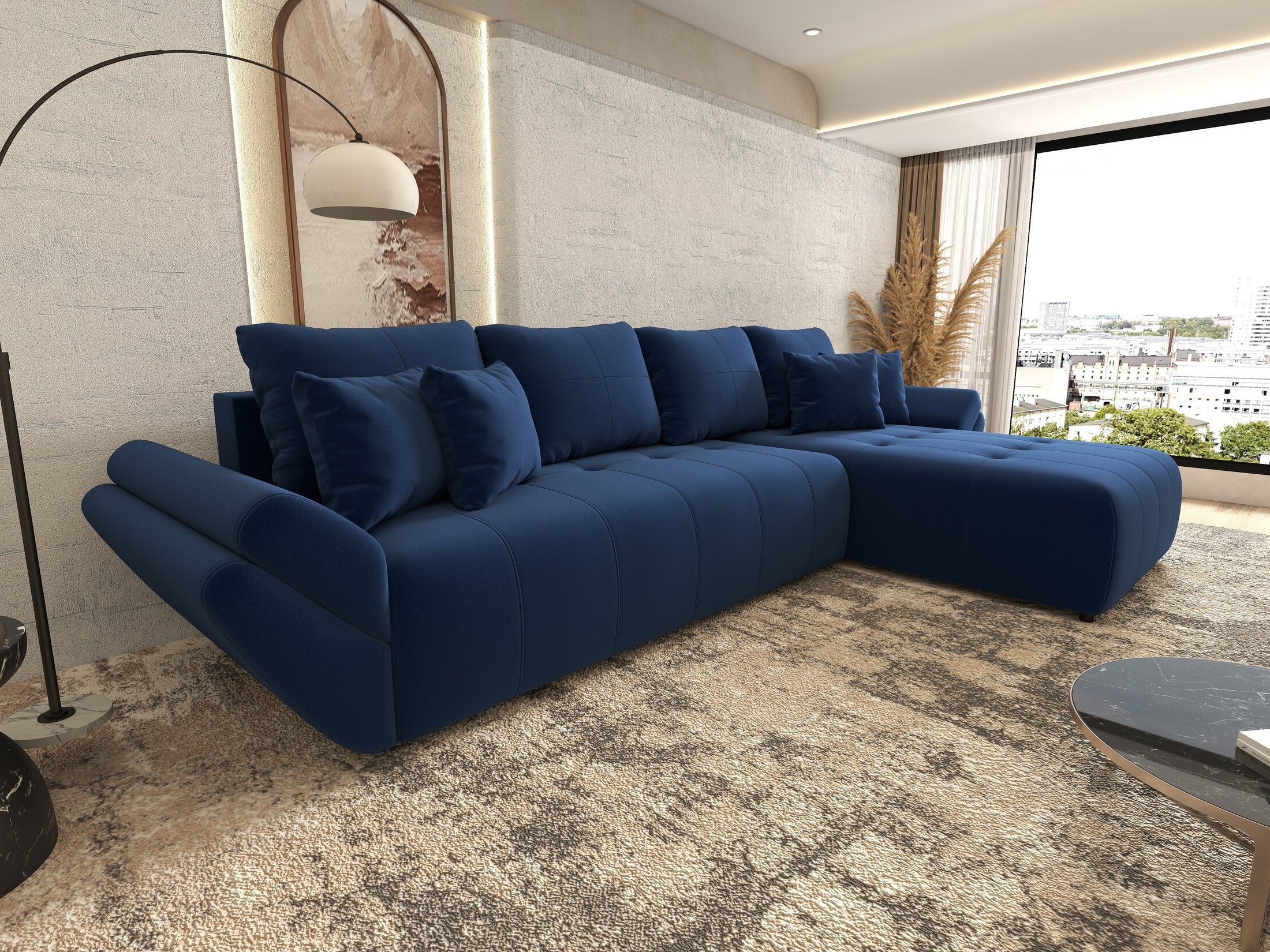 Colțar extensibil dumonde cu ladă de depozitare si sezut confortabil din spuma HR, Berlin XL Royal Albastru 350x185 cm II