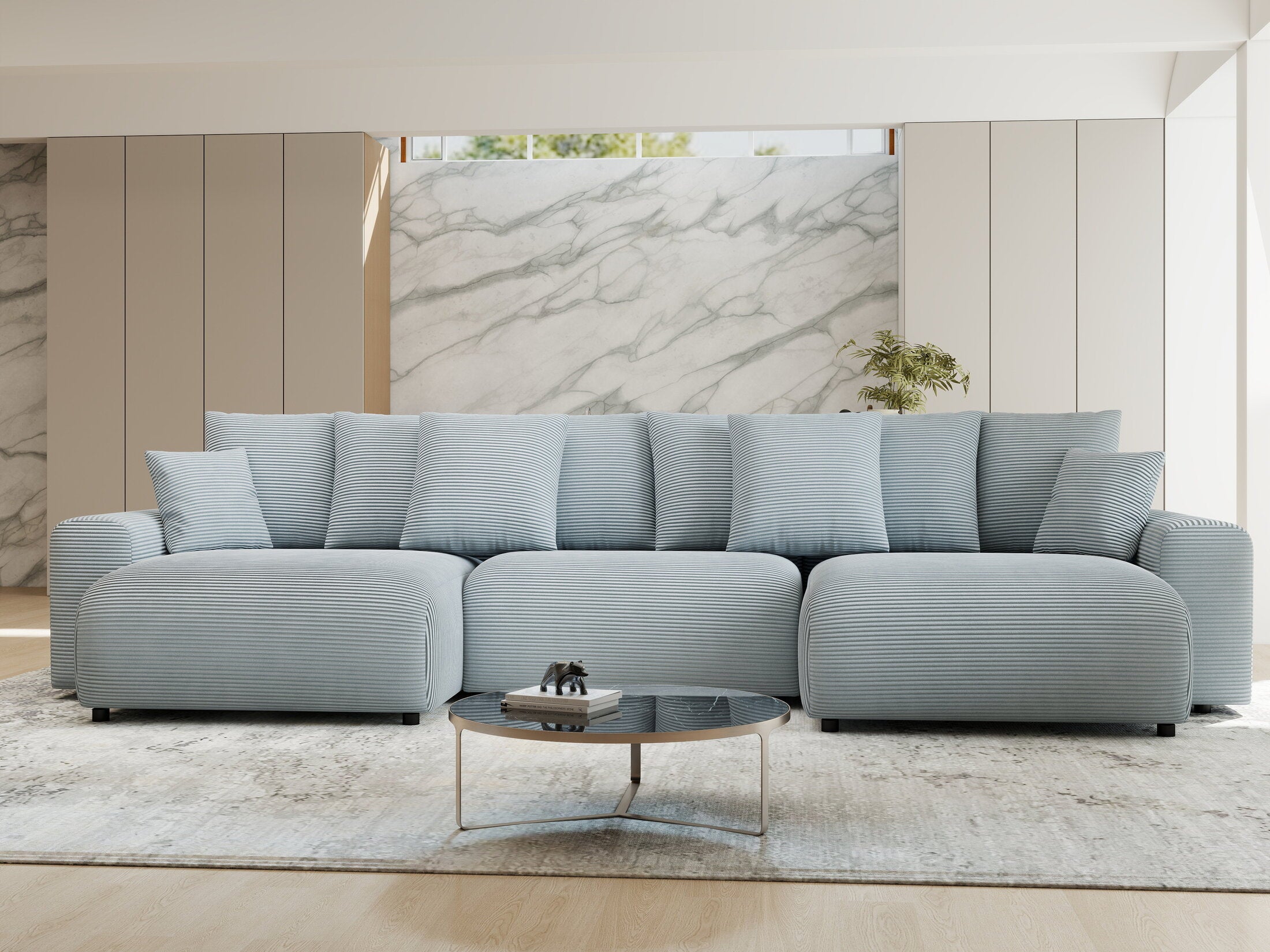 Colțar extensibil dumonde cu ladă de depozitare si sezut confortabil din spuma HR, Luma U Zoom Gri Mint 336x140 cm