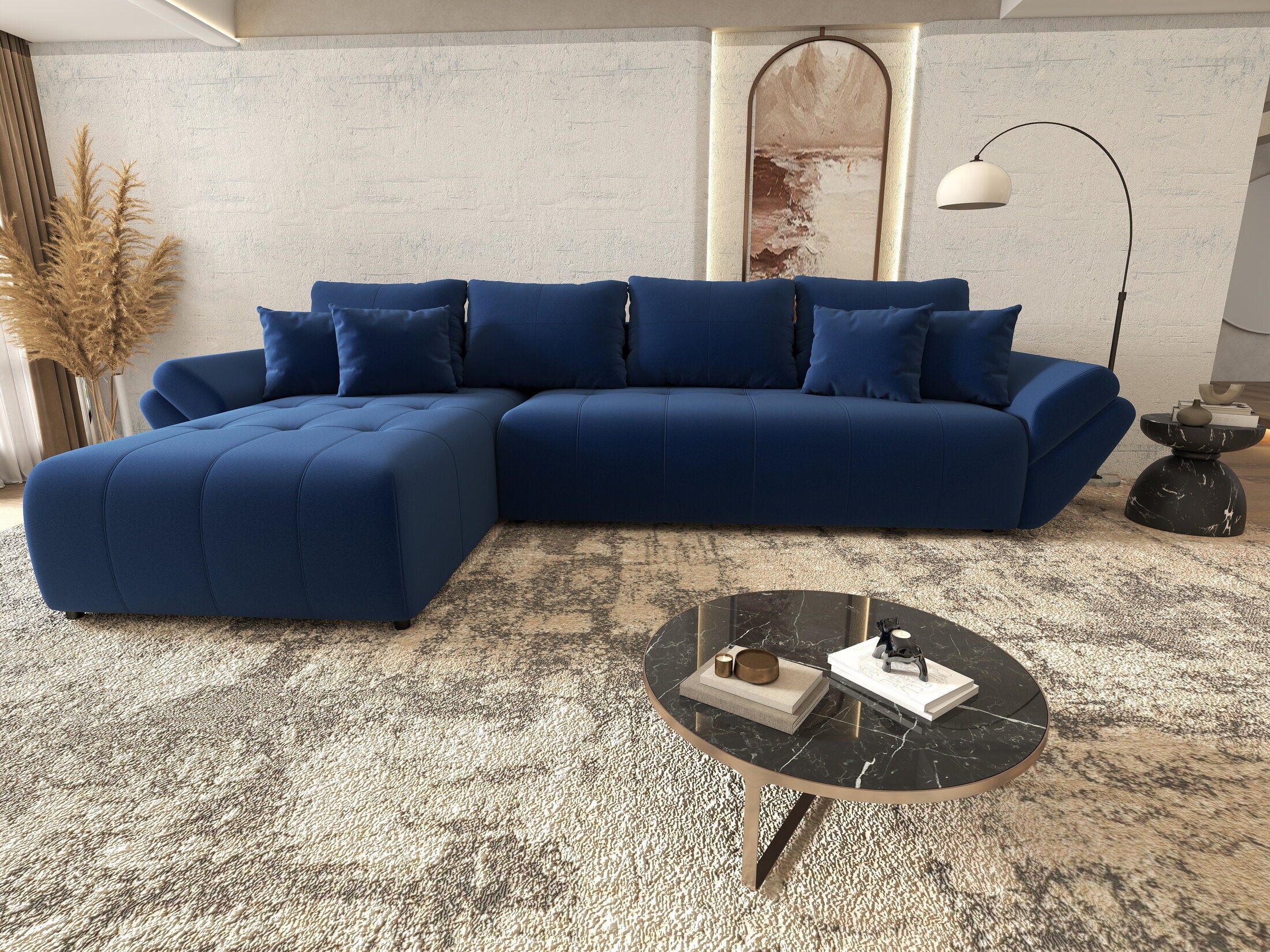 Colțar extensibil dumonde cu ladă de depozitare si sezut confortabil din spuma HR, Berlin XL Royal Albastru 350x185 cm