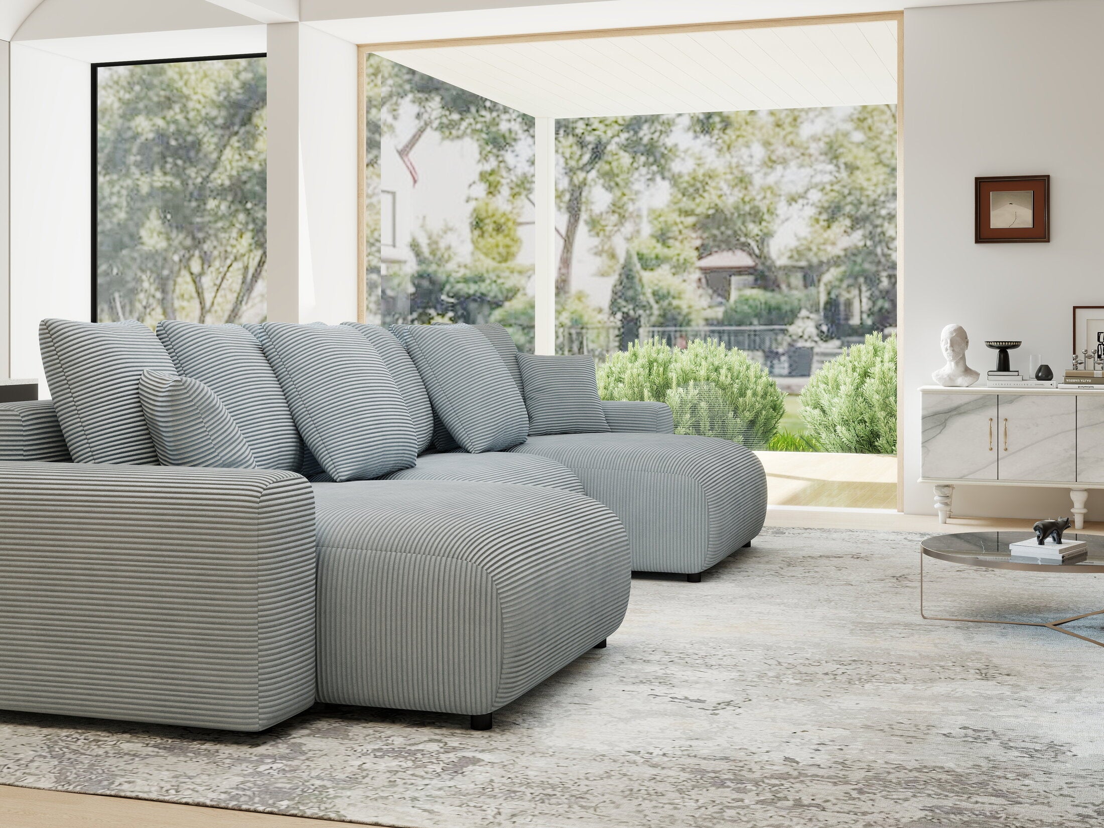 Colțar extensibil dumonde cu ladă de depozitare si sezut confortabil din spuma HR, Luma U Zoom Gri Mint 336x140 cm