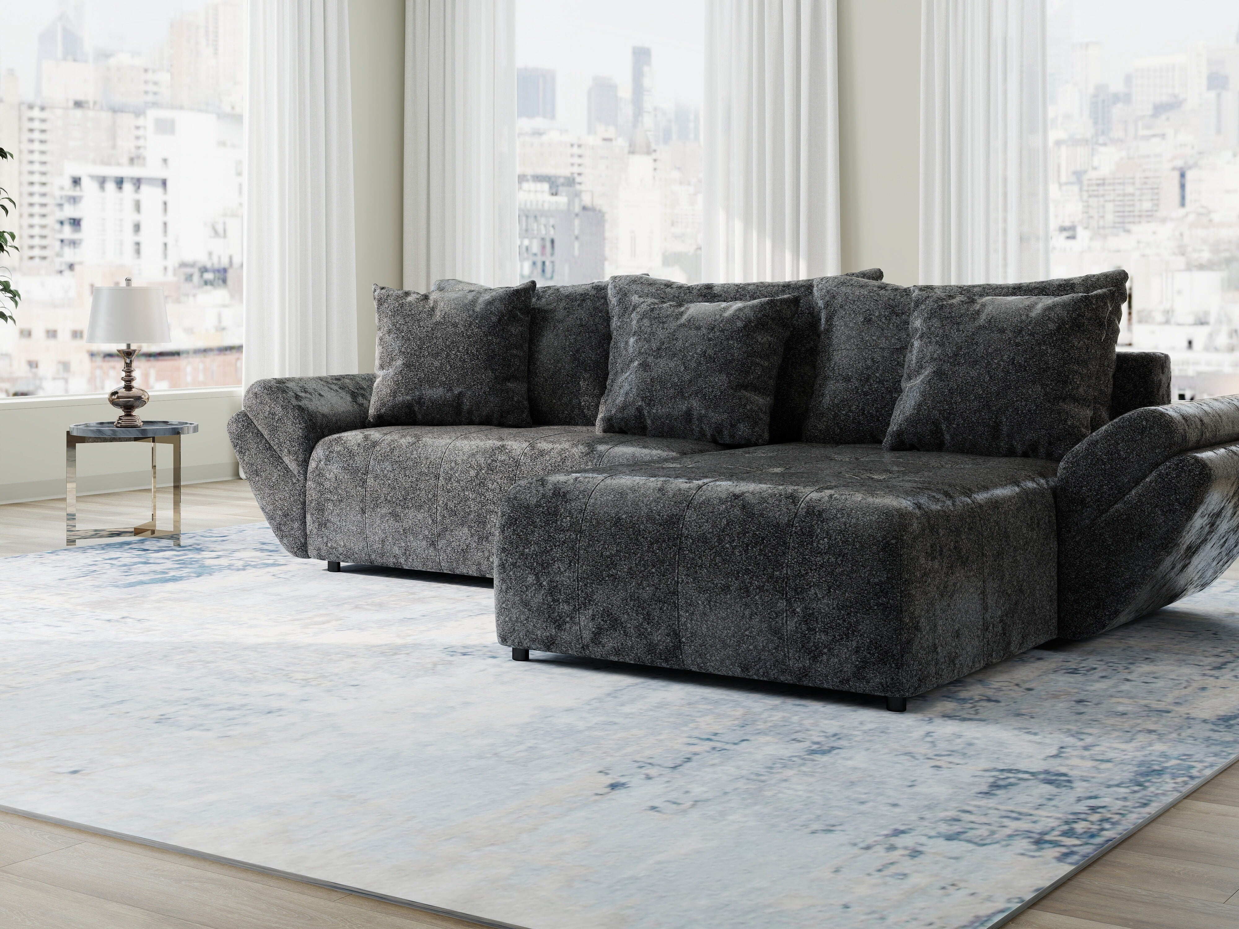 Colțar extensibil dumonde cu ladă de depozitare si sezut confortabil din spuma HR, Berlin Euphoria Negru 280x185 cm II