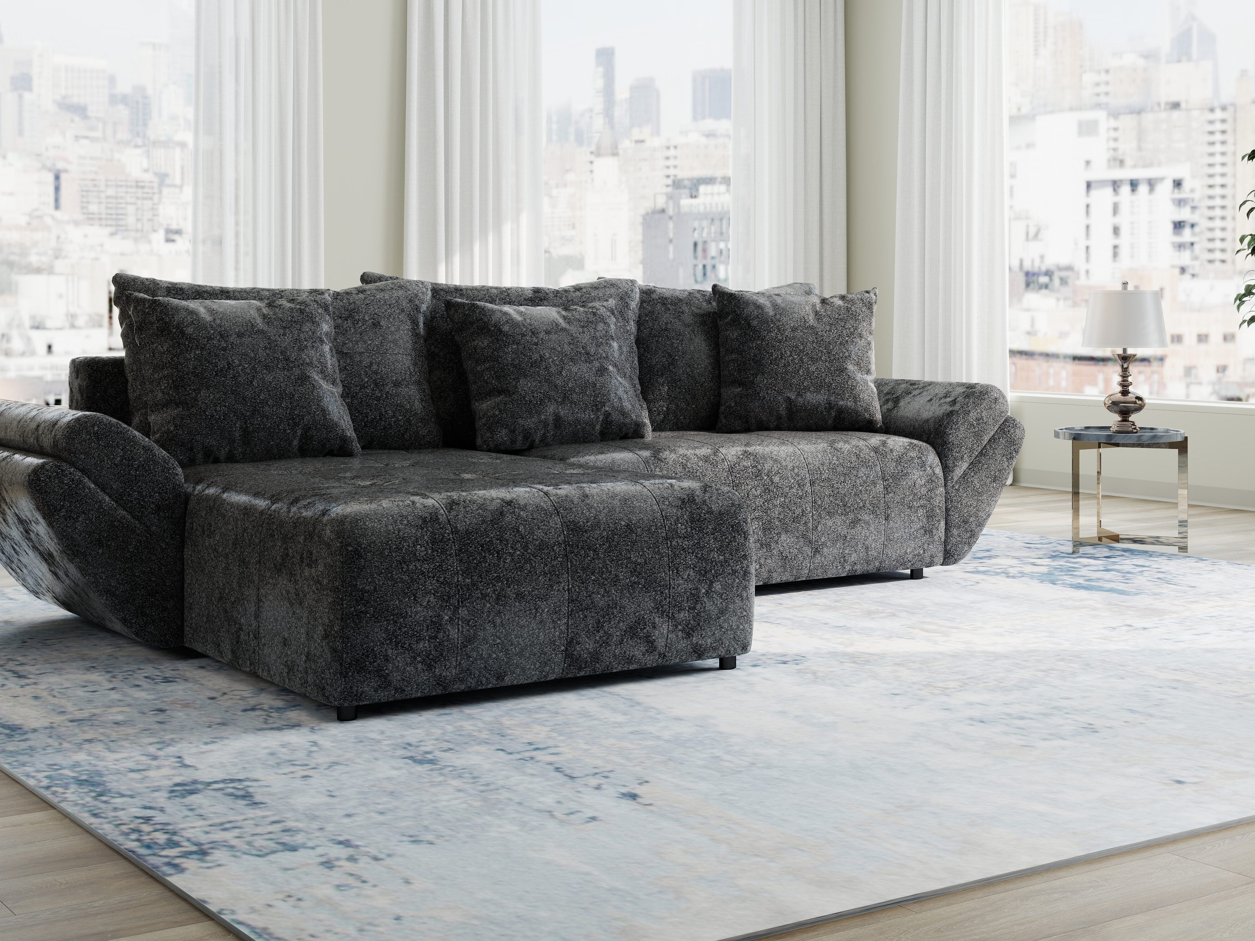 Colțar extensibil dumonde cu ladă de depozitare si sezut confortabil din spuma HR, Berlin Euphoria Negru 280x185 cm