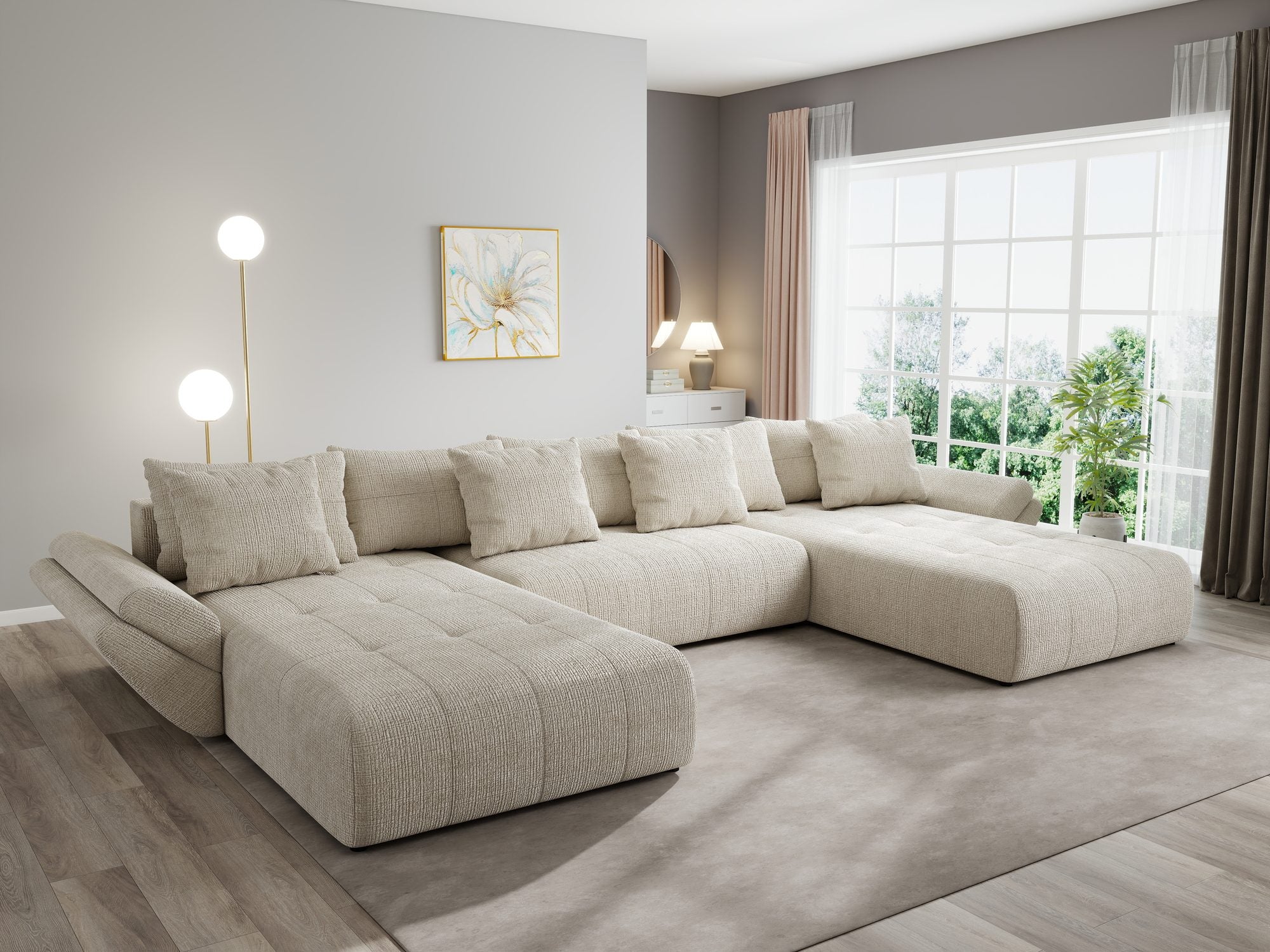 Colțar extensibil dumonde cu ladă de depozitare si sezut confortabil din spuma high-density, Berlin U Cremona Gri Deschis 02 380x180 cm
