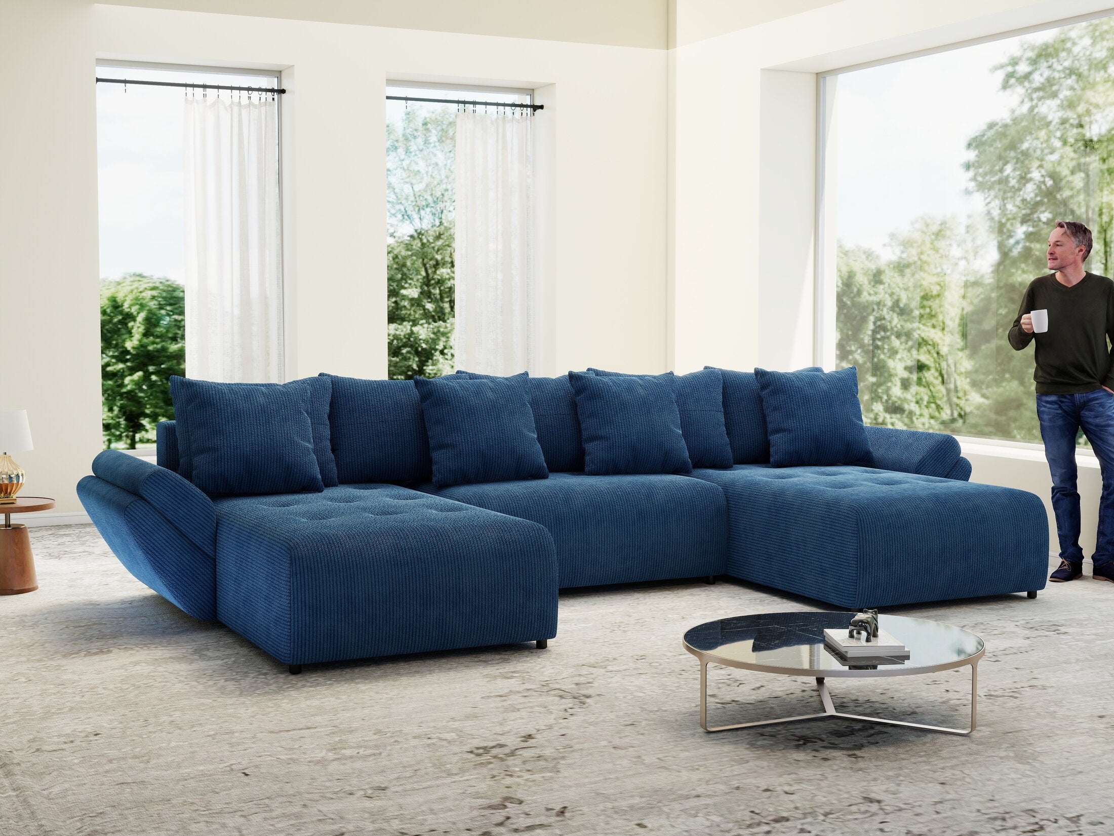 Colțar extensibil dumonde cu ladă de depozitare Berlin U Zoom Blue 400x185 cm
