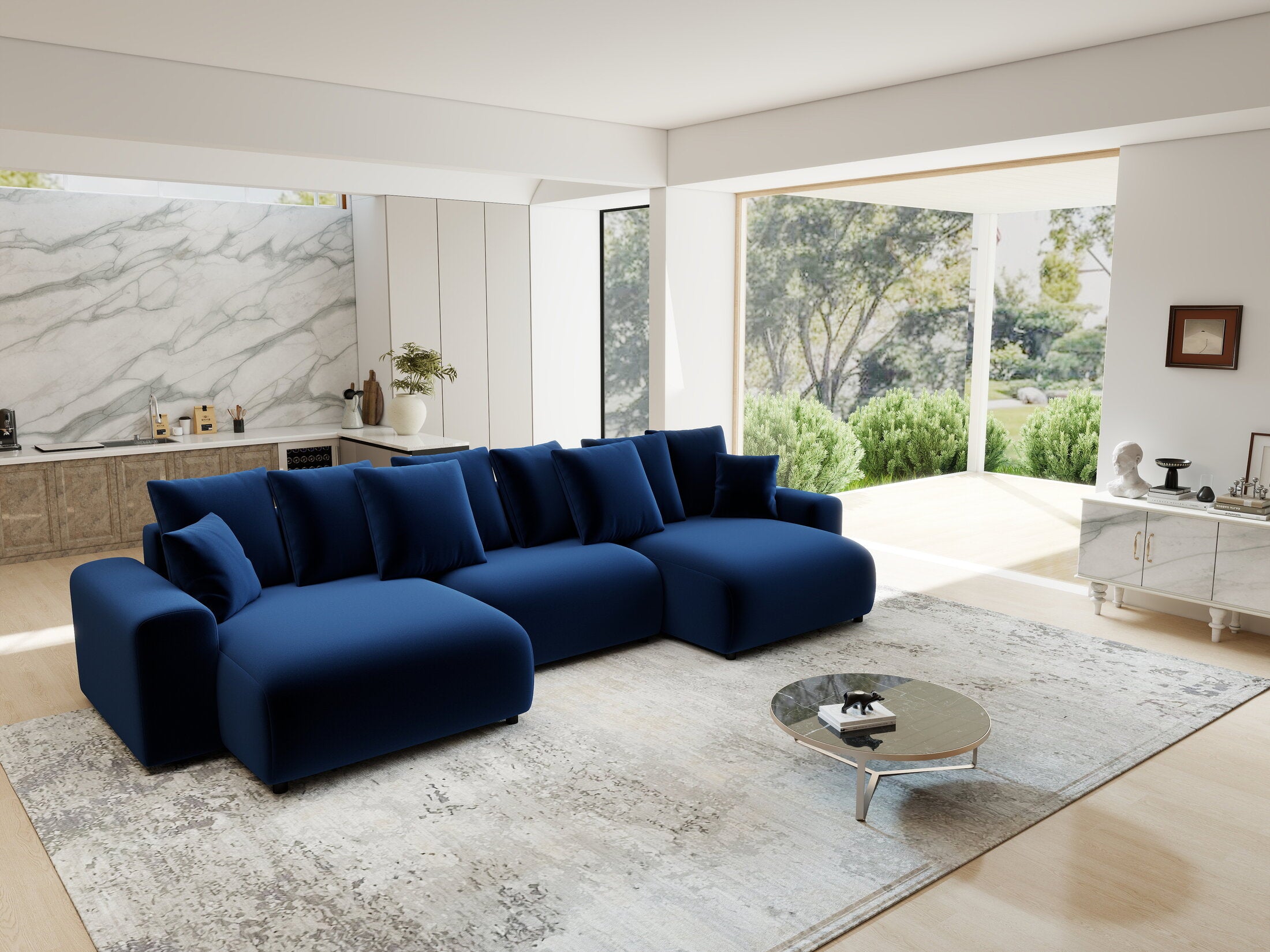 Colțar extensibil dumonde cu ladă de depozitare si sezut confortabil din spuma HR, Luma U Royal Albastru Navy 336x140 cm