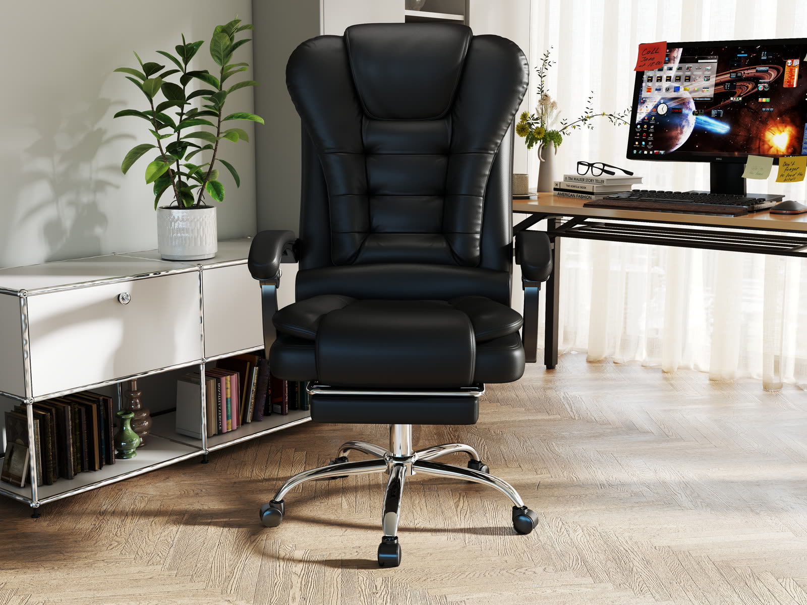 Scaun Directorial Dumonde OMEGA, cotiere 3D, mecanism multifuncțional, ecopiele, suport picioare, negru