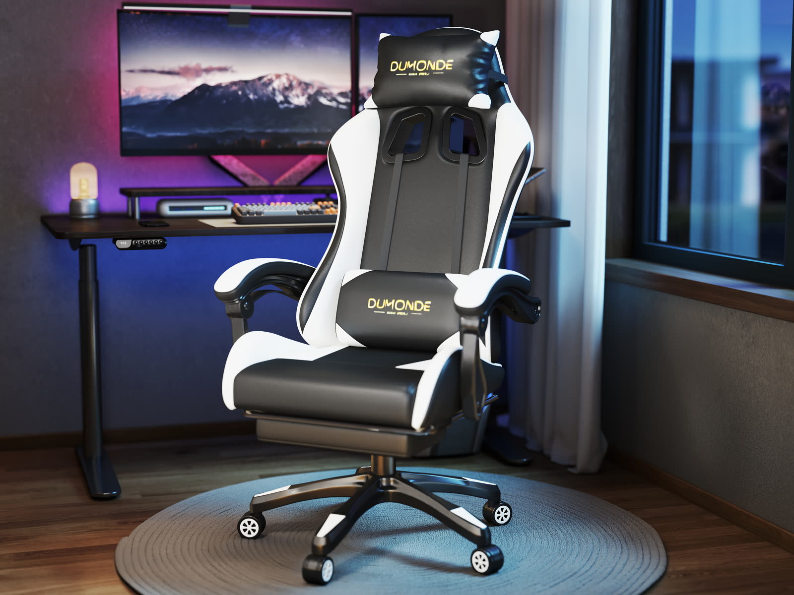 Scaun gaming Dumonde NIGHTFAL, mecanism multifuncțional, ecopiele, suport picioare, alb/negru