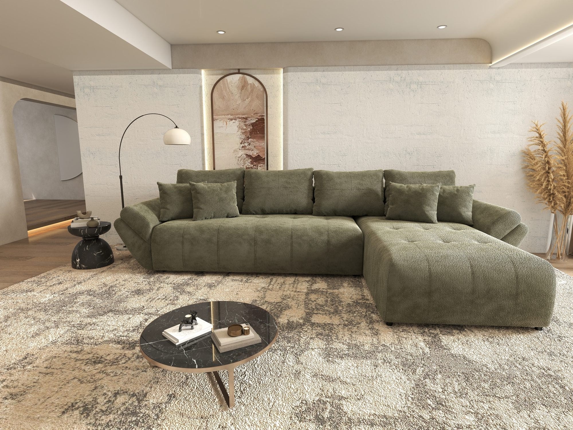Colțar extensibil dumonde cu ladă de depozitare si sezut confortabil din spuma high-density, Berlin XL Vibe Olive 38 II 350x185 cm