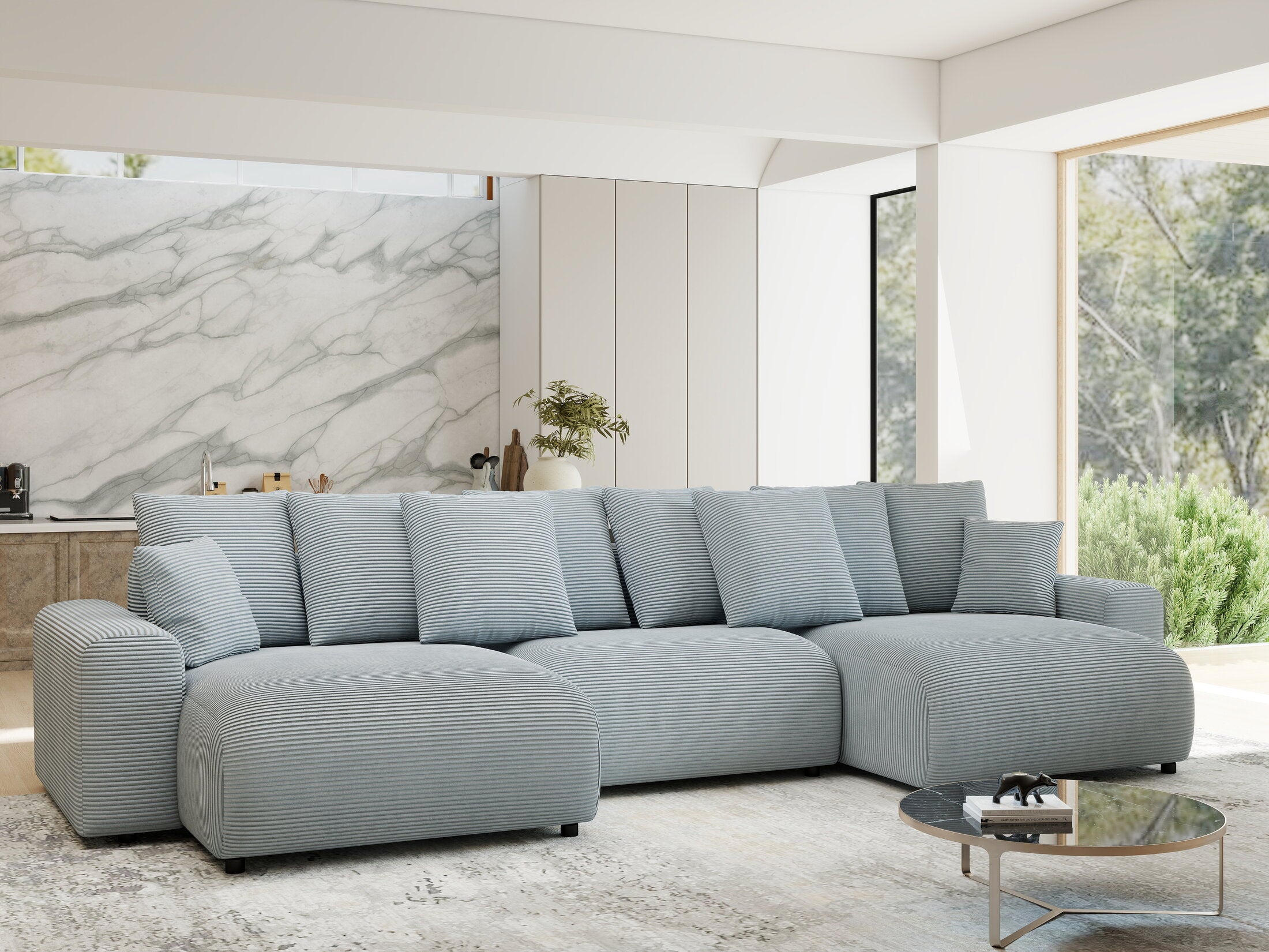 Colțar extensibil dumonde cu ladă de depozitare si sezut confortabil din spuma HR, Luma U Zoom Gri Mint 336x140 cm