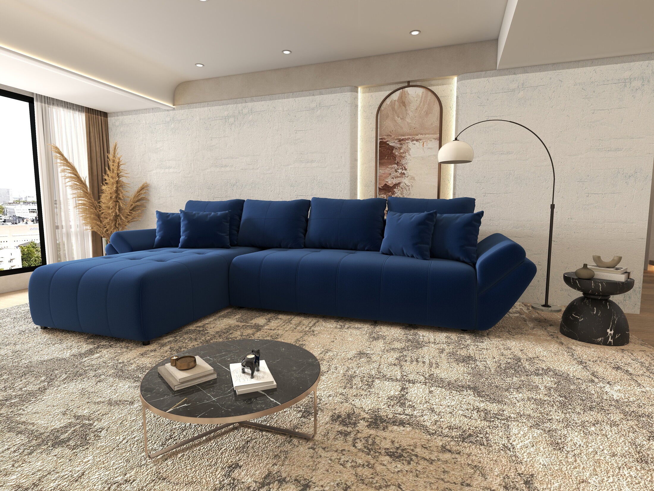 Colțar extensibil dumonde cu ladă de depozitare si sezut confortabil din spuma HR, Berlin XL Royal Albastru 350x185 cm