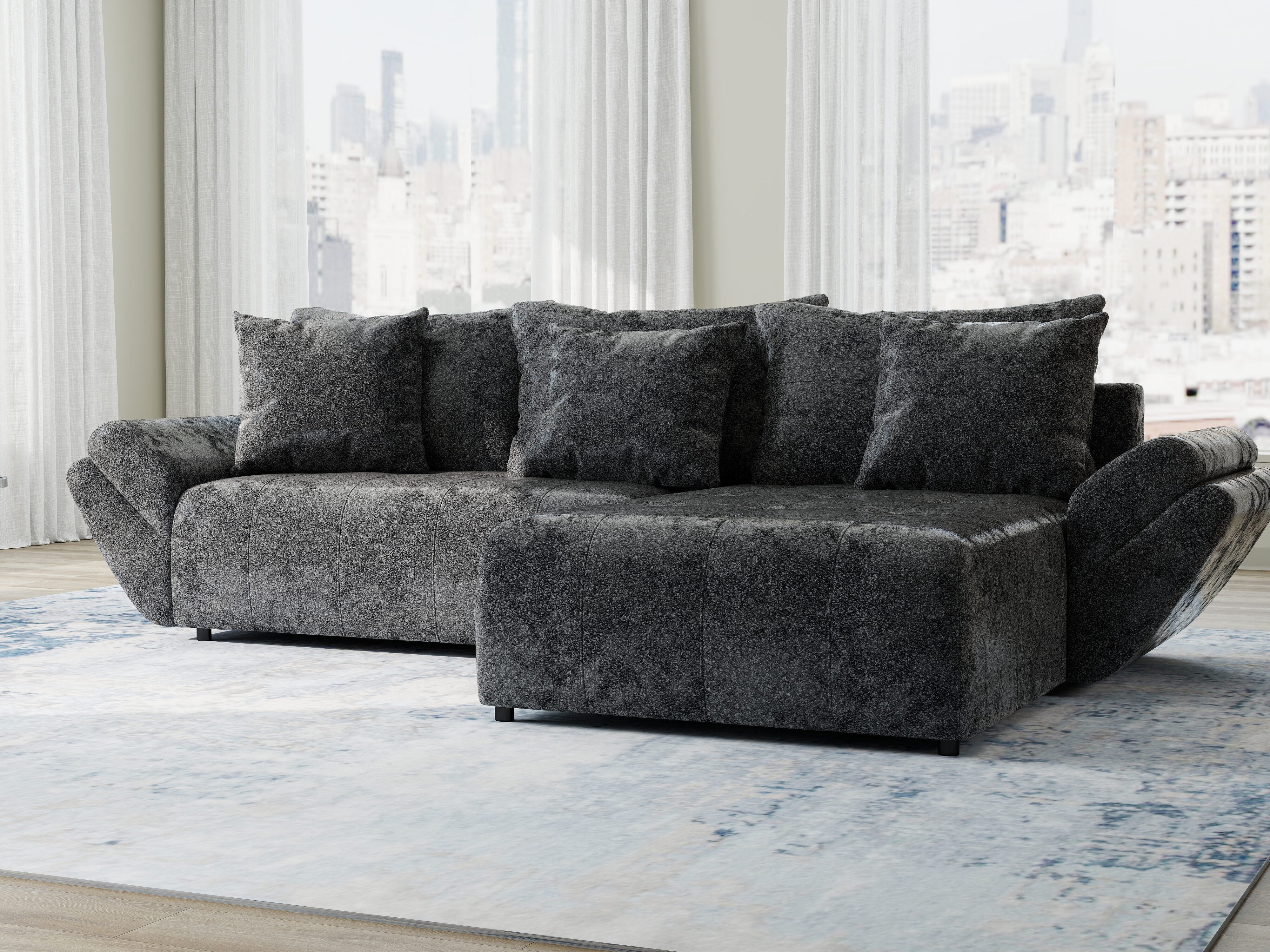 Colțar extensibil dumonde cu ladă de depozitare si sezut confortabil din spuma HR, Berlin Euphoria Negru 280x185 cm II