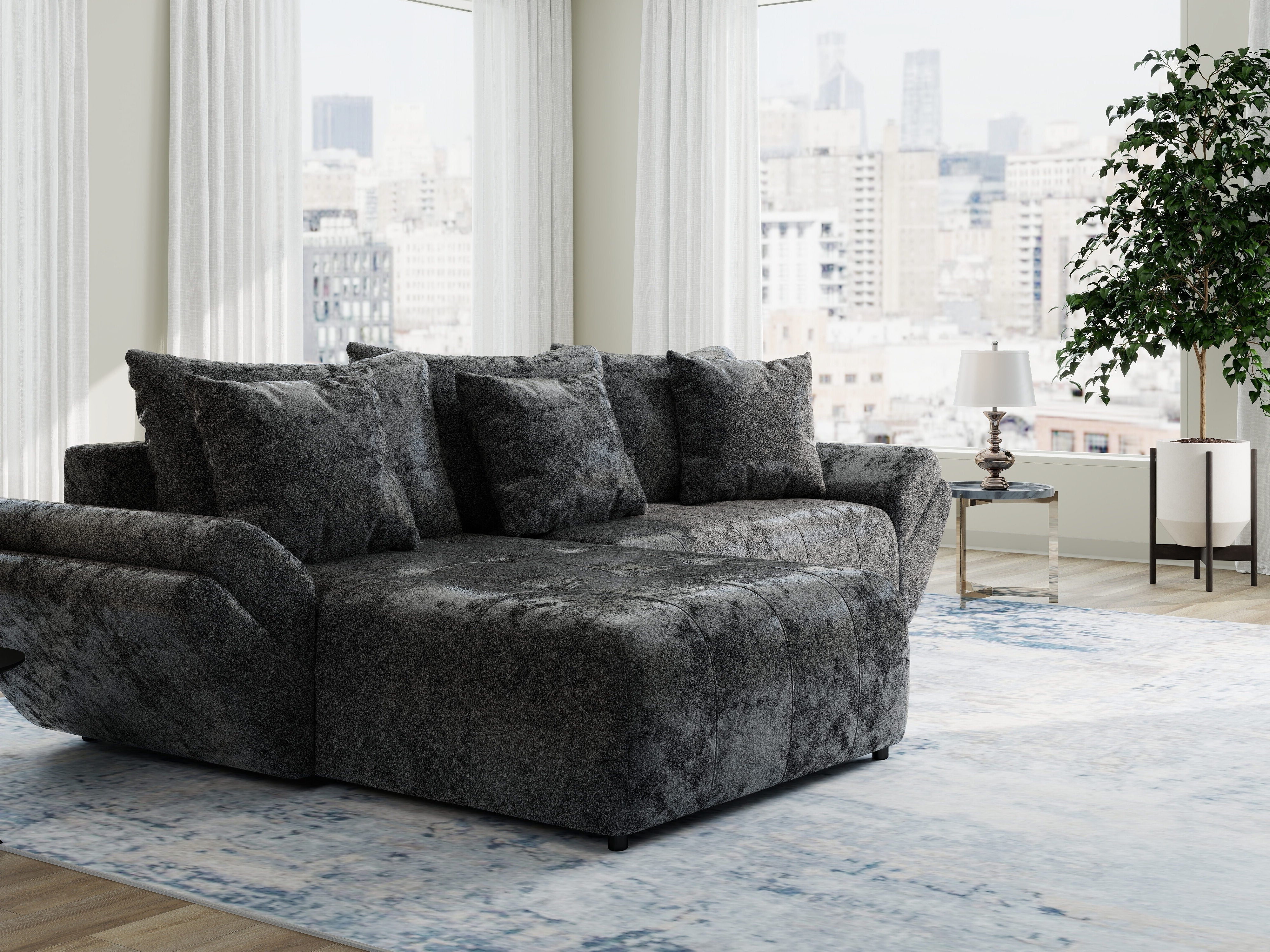 Colțar extensibil dumonde cu ladă de depozitare si sezut confortabil din spuma HR, Berlin Euphoria Negru 280x185 cm