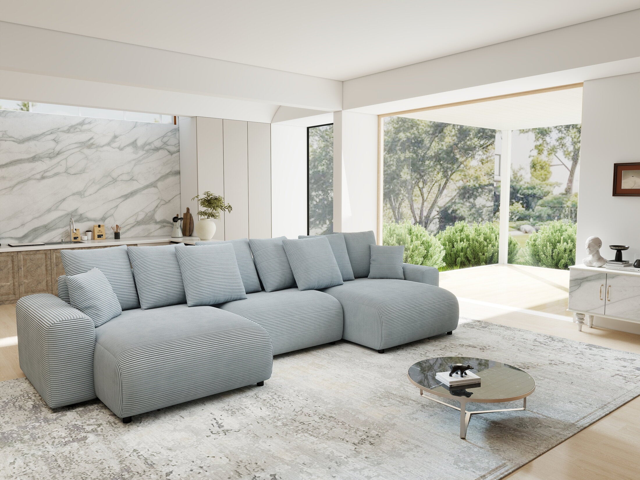 Colțar extensibil dumonde cu ladă de depozitare si sezut confortabil din spuma HR, Luma U Zoom Gri Mint 336x140 cm