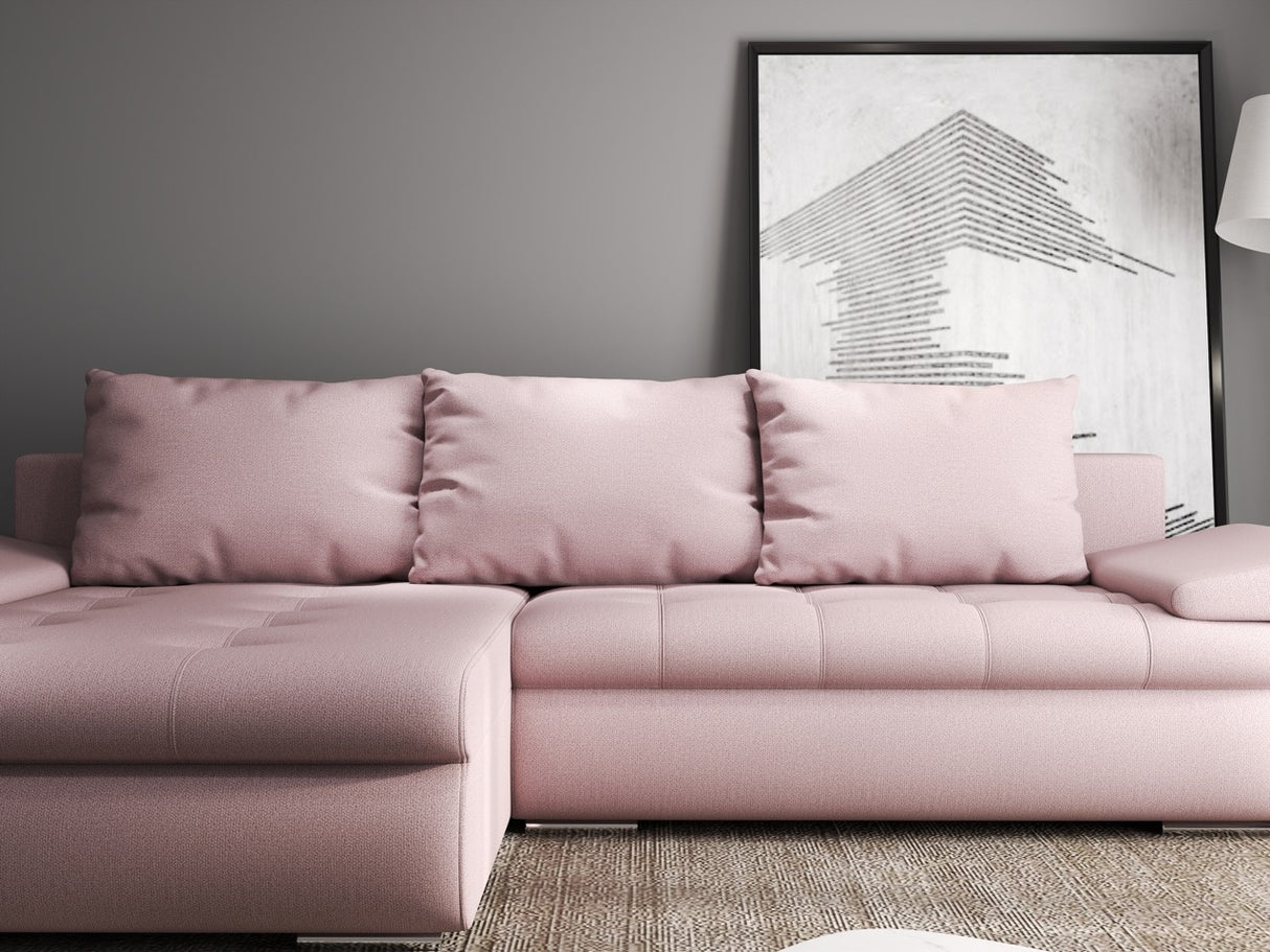 Colțar extensibil dumonde cu ladă de depozitare si sezut confortabil din spuma HR, Leonardo Enjoy Roz 255x193 cm
