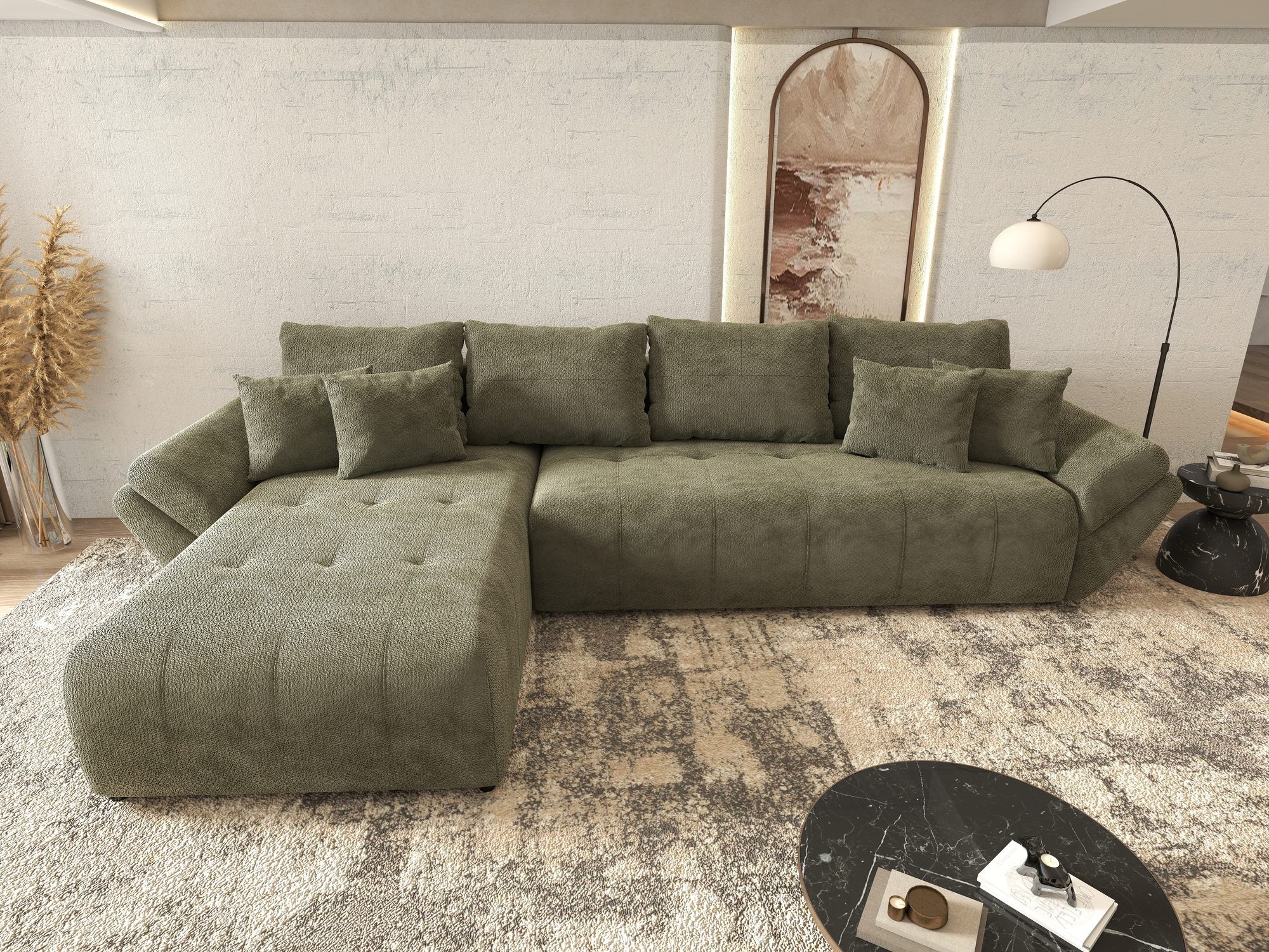 Colțar extensibil dumonde cu ladă de depozitare si sezut confortabil din spuma high-density, Berlin XL Vibe Olive 38 350x185 cm