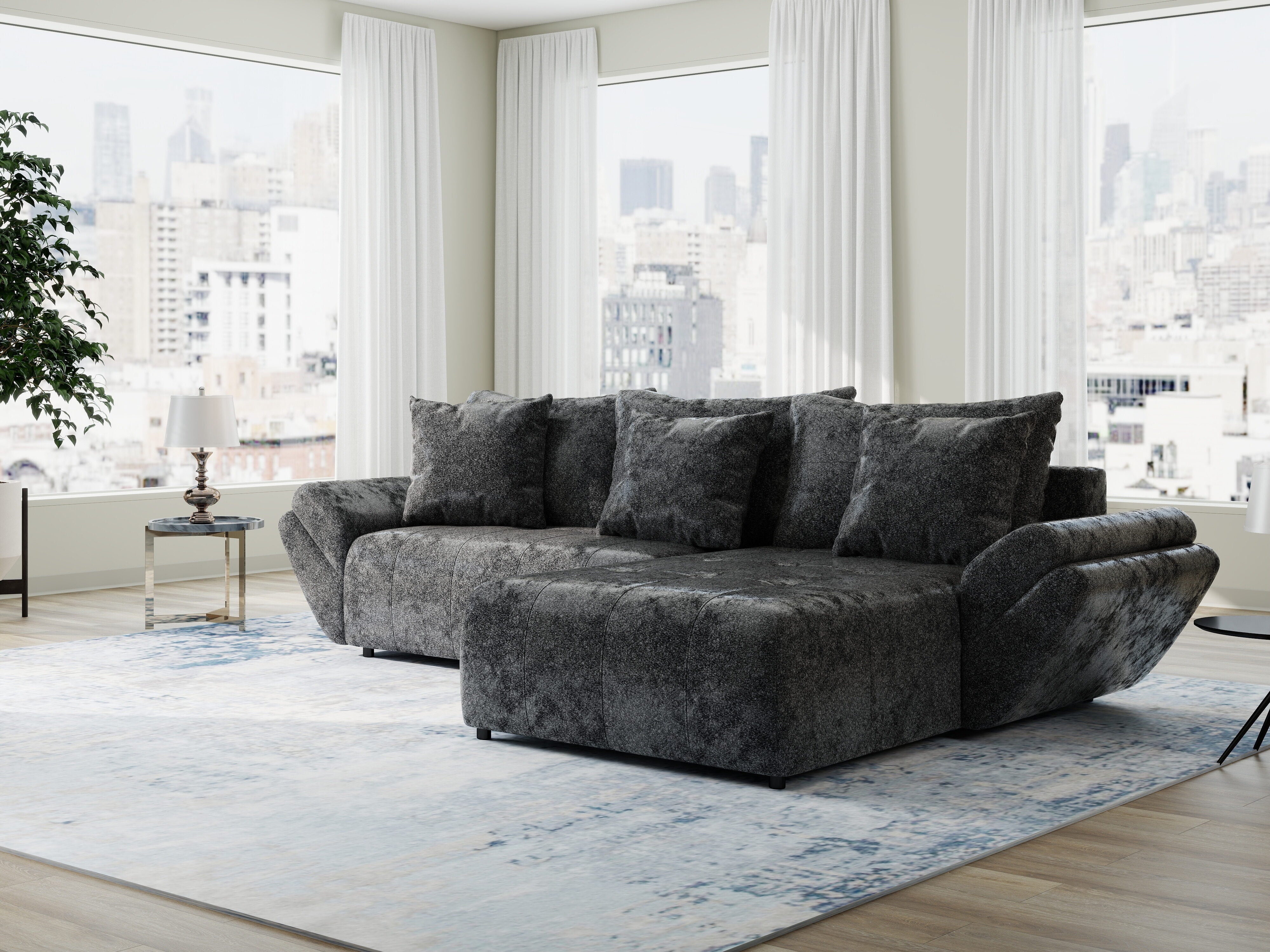 Colțar extensibil dumonde cu ladă de depozitare si sezut confortabil din spuma HR, Berlin Euphoria Negru 280x185 cm II