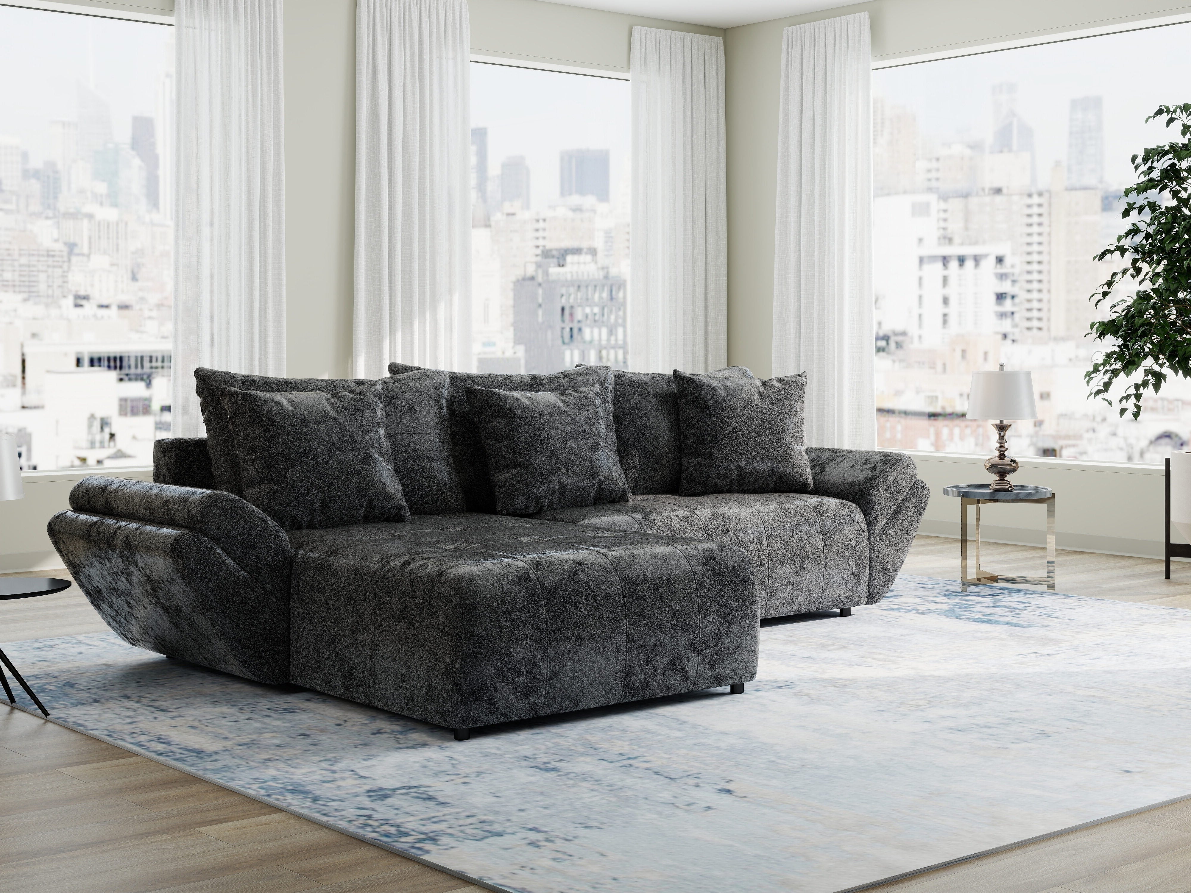 Colțar extensibil dumonde cu ladă de depozitare si sezut confortabil din spuma HR, Berlin Euphoria Negru 280x185 cm