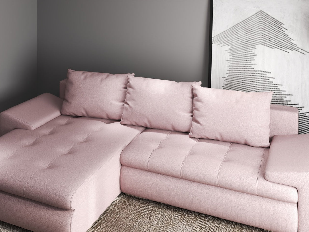 Colțar extensibil dumonde cu ladă de depozitare si sezut confortabil din spuma HR, Leonardo Enjoy Roz 255x193 cm
