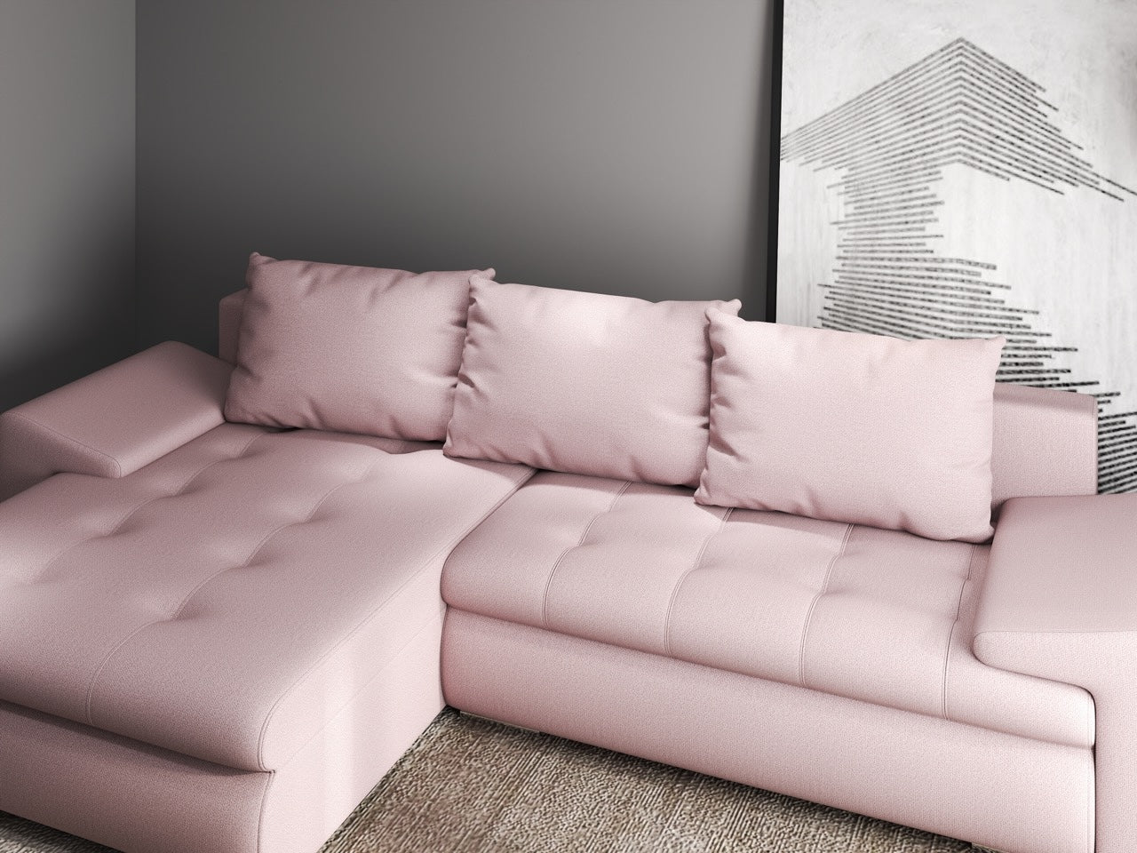 Colțar extensibil dumonde cu ladă de depozitare si sezut confortabil din spuma HR, Leonardo Enjoy Roz 255x193 cm Fabrica