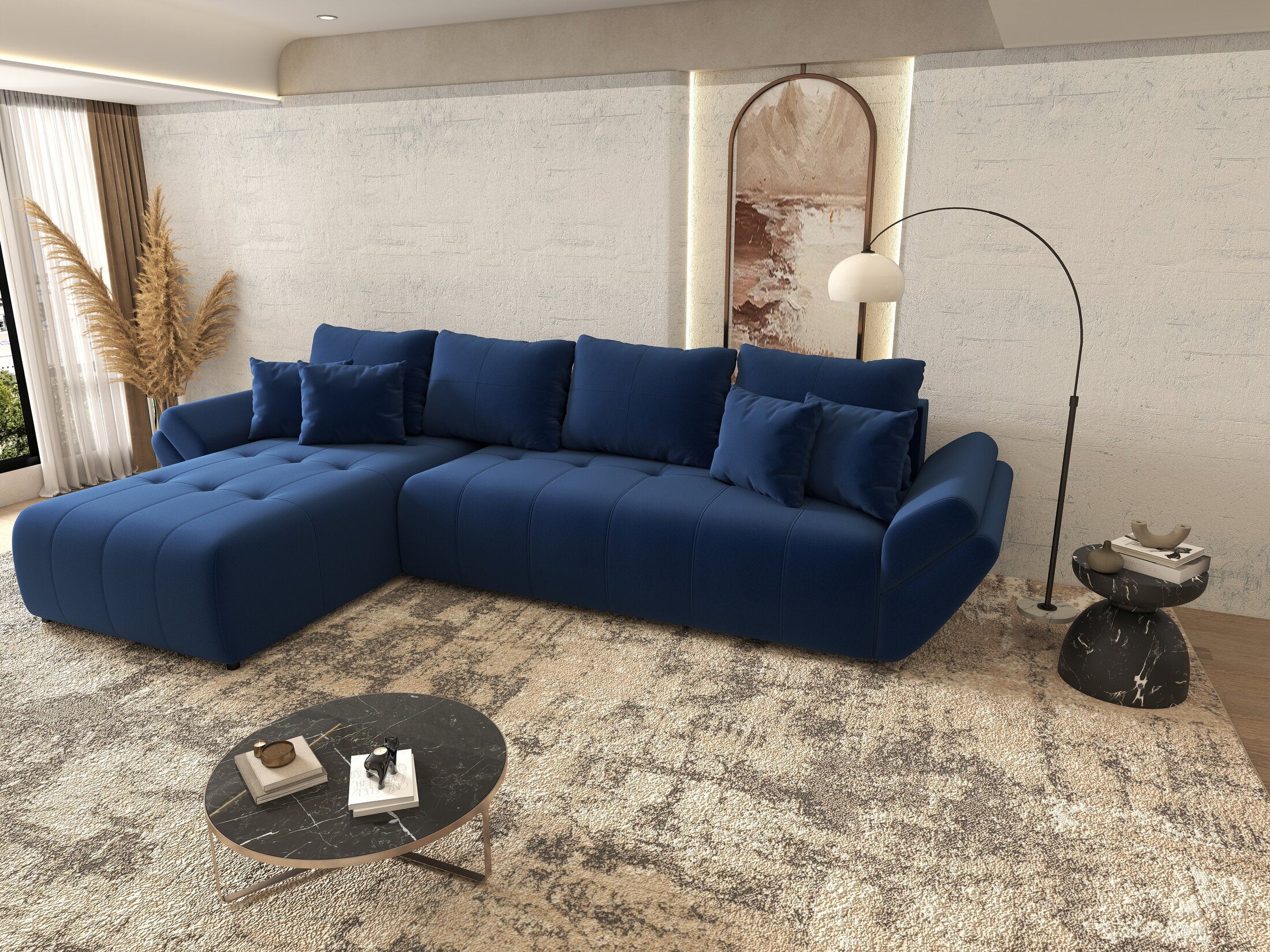 Colțar extensibil dumonde cu ladă de depozitare si sezut confortabil din spuma HR, Berlin XL Royal Albastru 350x185 cm