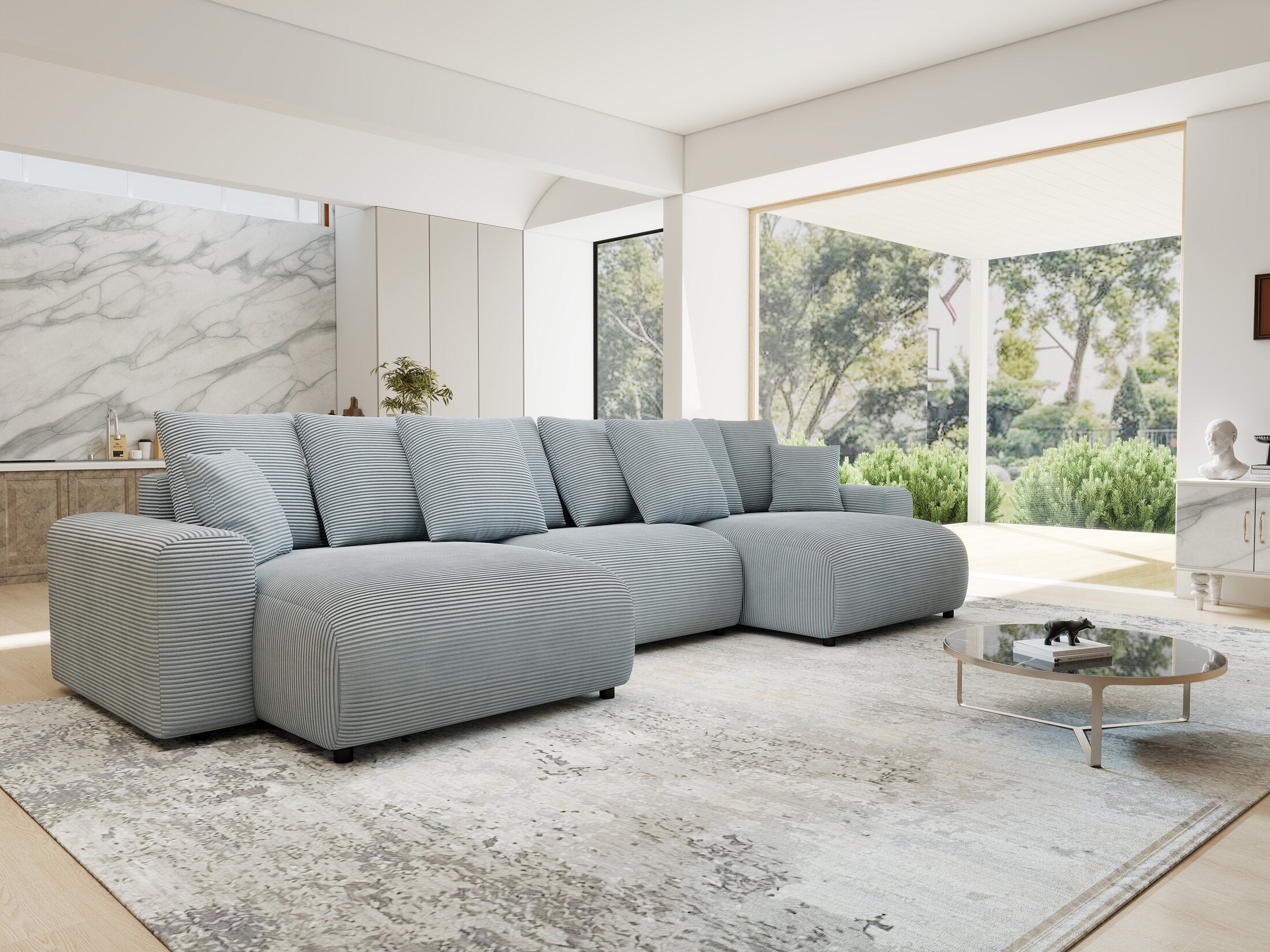 Colțar extensibil dumonde cu ladă de depozitare si sezut confortabil din spuma HR, Luma U Zoom Gri Mint 336x140 cm