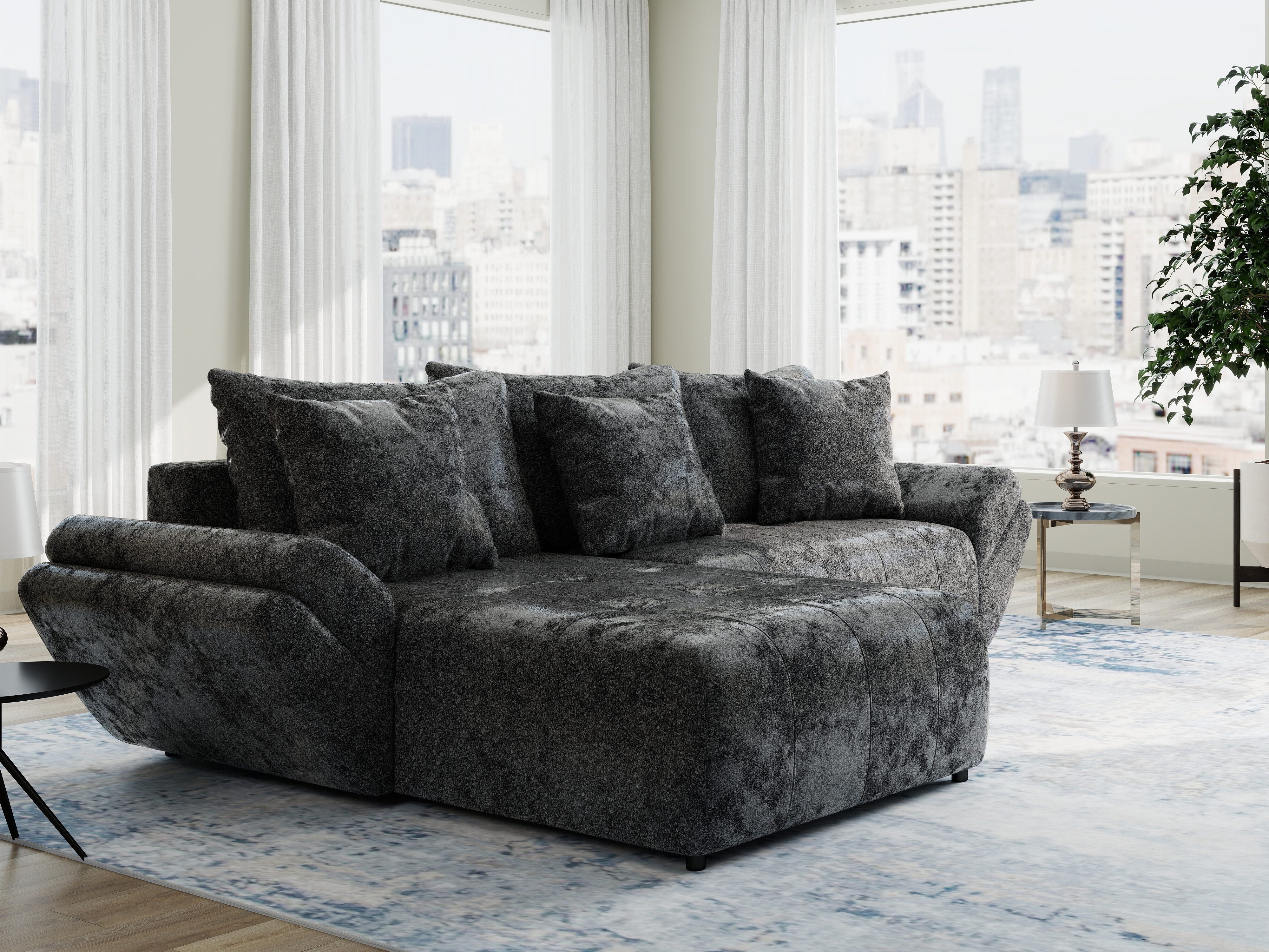 Colțar extensibil dumonde cu ladă de depozitare si sezut confortabil din spuma HR, Berlin Euphoria Negru 280x185 cm