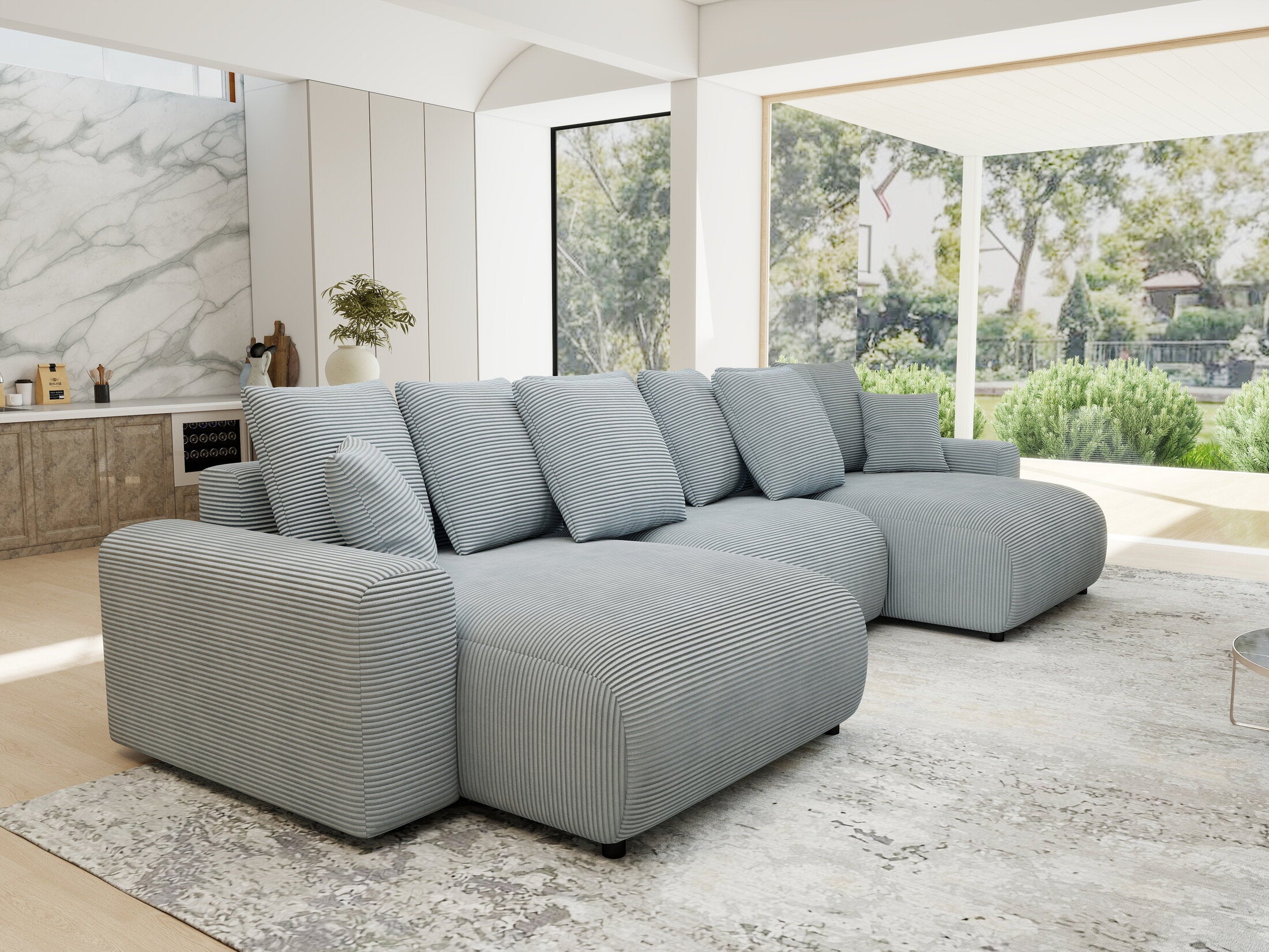 Colțar extensibil dumonde cu ladă de depozitare si sezut confortabil din spuma HR, Luma U Zoom Gri Mint 336x140 cm