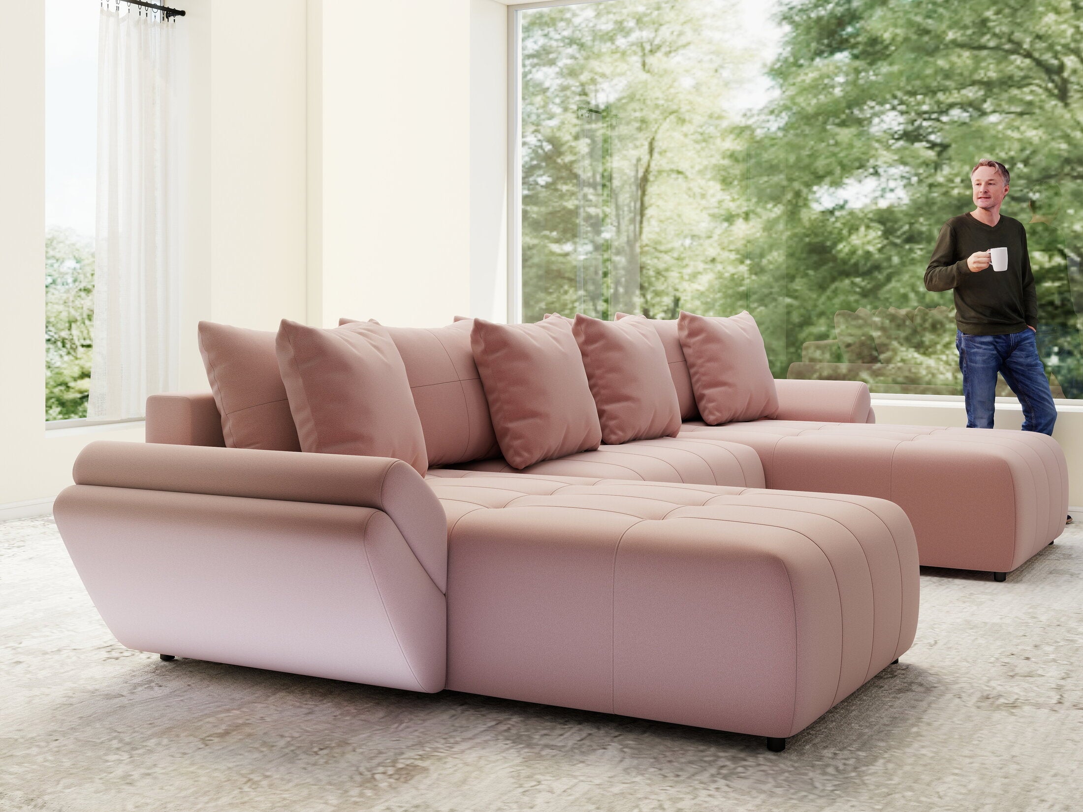 Colțar extensibil dumonde cu ladă de depozitare si sezut confortabil din spuma HR, Berlin U Royal Roz 380x180 cm