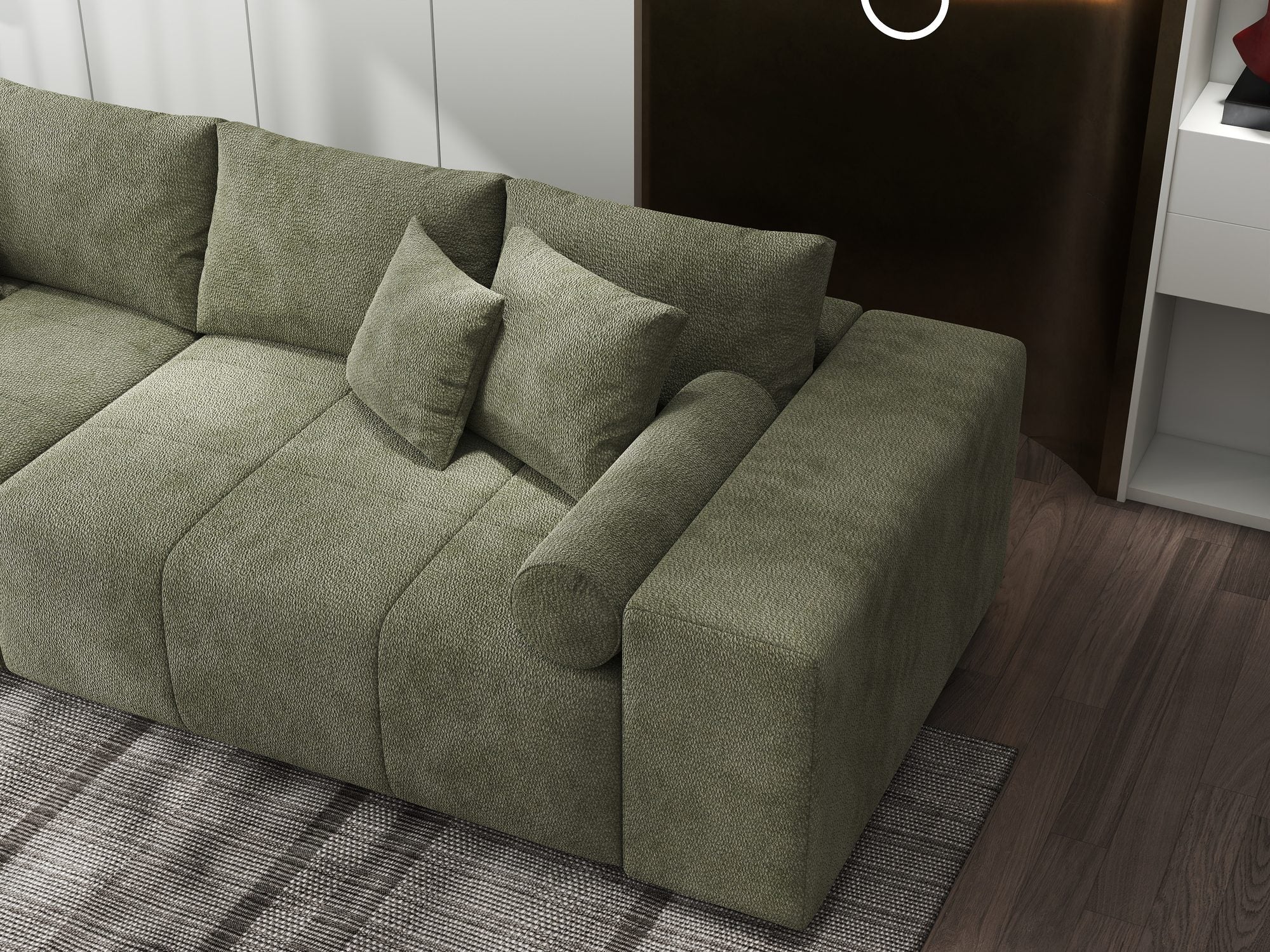 Canapea extensibilă dumonde cu ladă de depozitare si sezut confortabil din spuma high-density, Marbela XXL Vibe Olive 38 290x100 cm