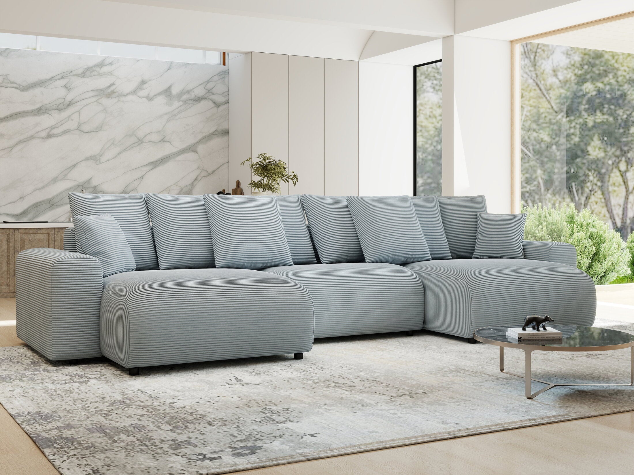 Colțar extensibil dumonde cu ladă de depozitare si sezut confortabil din spuma HR, Luma U Zoom Gri Mint 336x140 cm