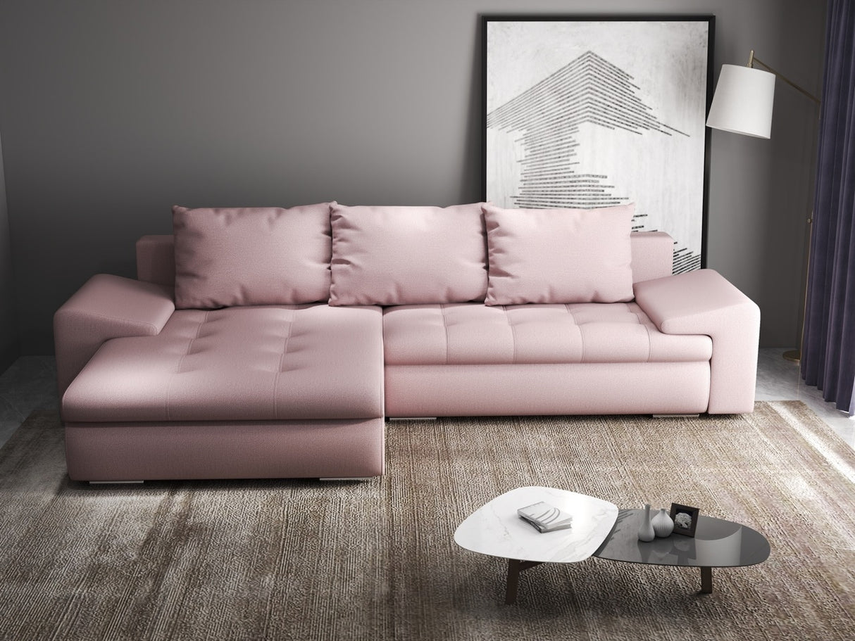 Colțar extensibil dumonde cu ladă de depozitare si sezut confortabil din spuma HR, Leonardo Enjoy Roz 255x193 cm