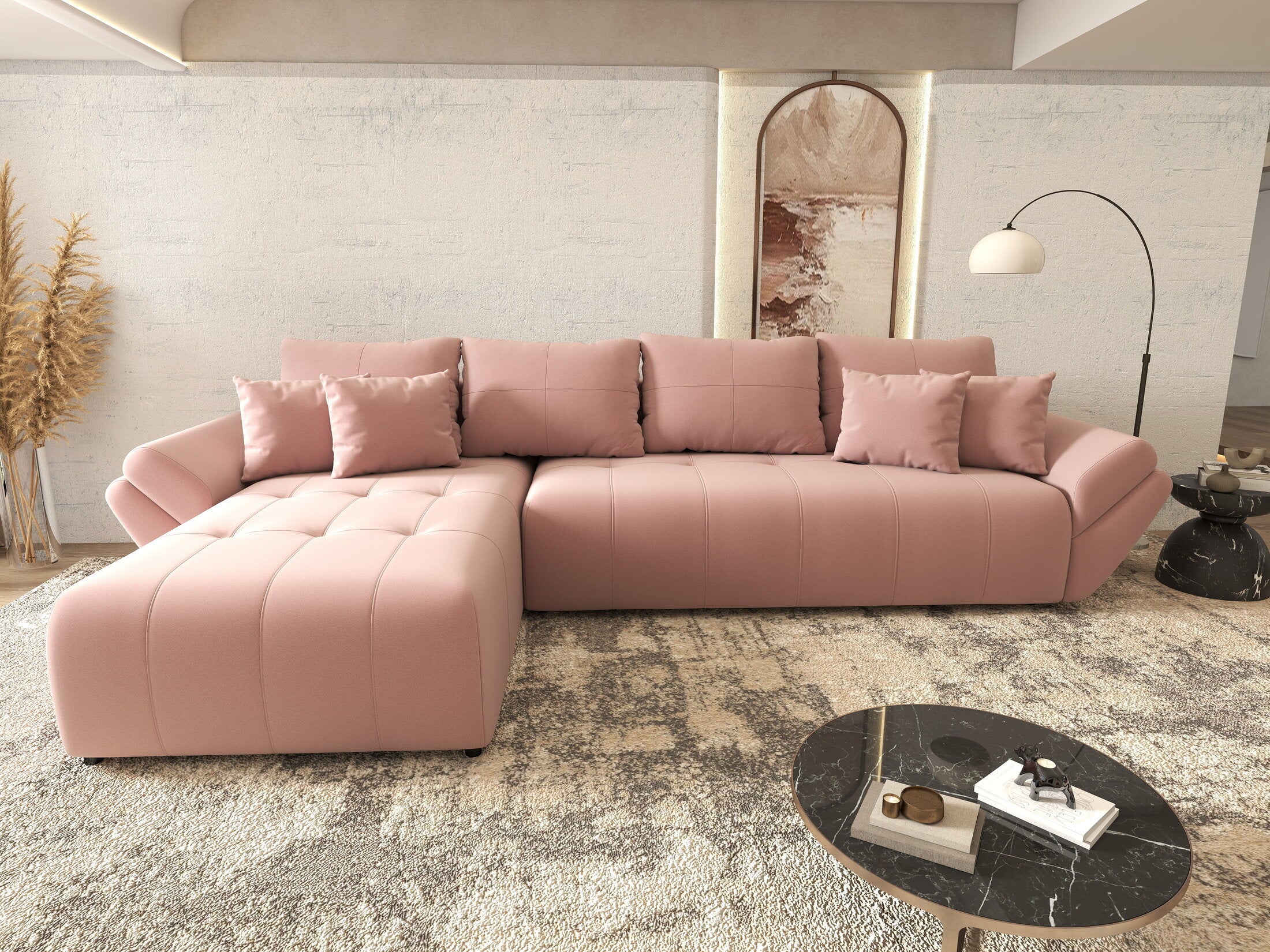 Colțar extensibil dumonde cu ladă de depozitare si sezut confortabil din spuma HR, Berlin XL Royal Roz 350x185 cm