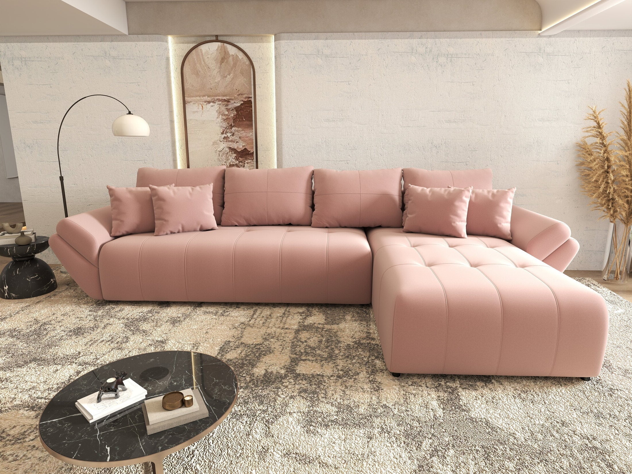 Colțar extensibil dumonde cu ladă de depozitare si sezut confortabil din spuma HR, Berlin XL Royal Roz 350x185 cm II