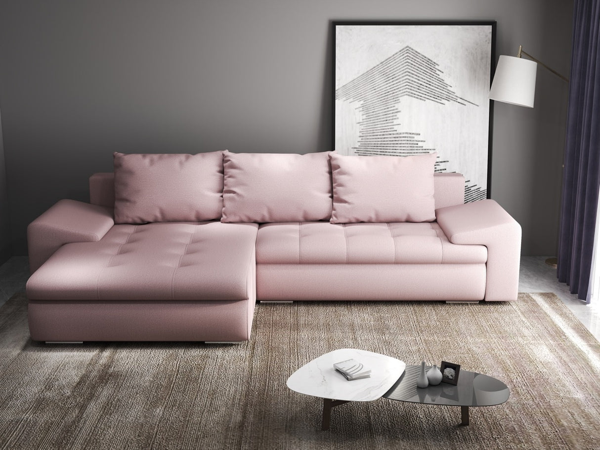 Colțar extensibil dumonde cu ladă de depozitare si sezut confortabil din spuma HR, Leonardo Enjoy Roz 255x193 cm