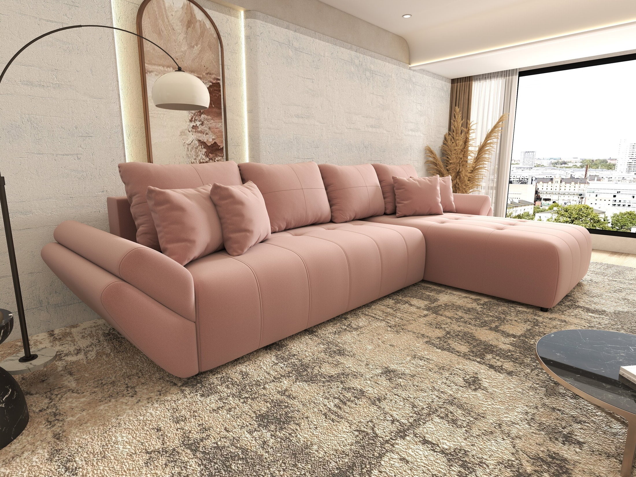 Colțar extensibil dumonde cu ladă de depozitare si sezut confortabil din spuma HR, Berlin XL Royal Roz 350x185 cm II