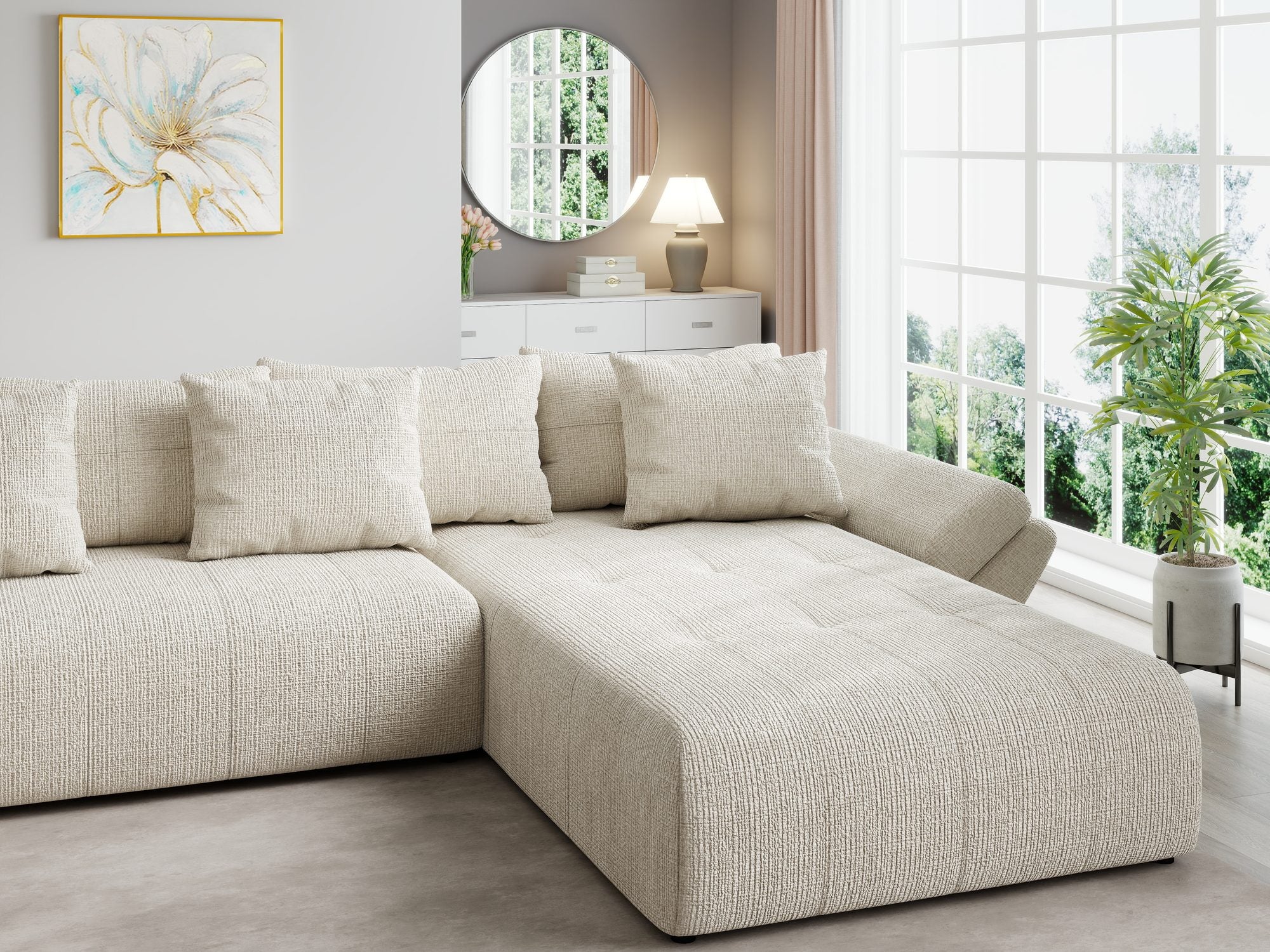 Colțar extensibil dumonde cu ladă de depozitare si sezut confortabil din spuma high-density, Berlin U Cremona Gri Deschis 02 380x180 cm