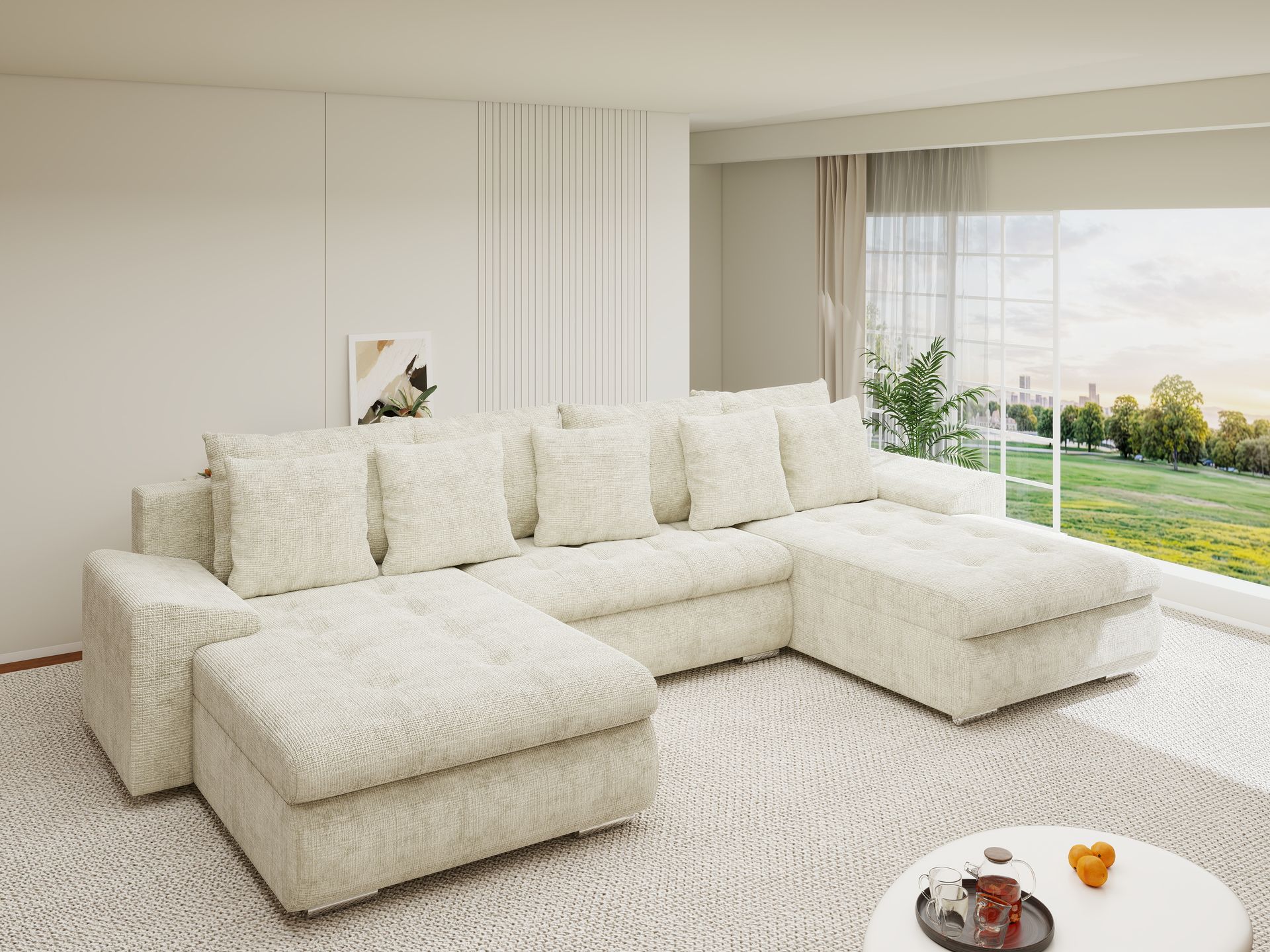 Colțar extensibil dumonde cu ladă de depozitare si sezut confortabil din spuma high-density, Leonardo U Cremona Bej 01 360x185 cm